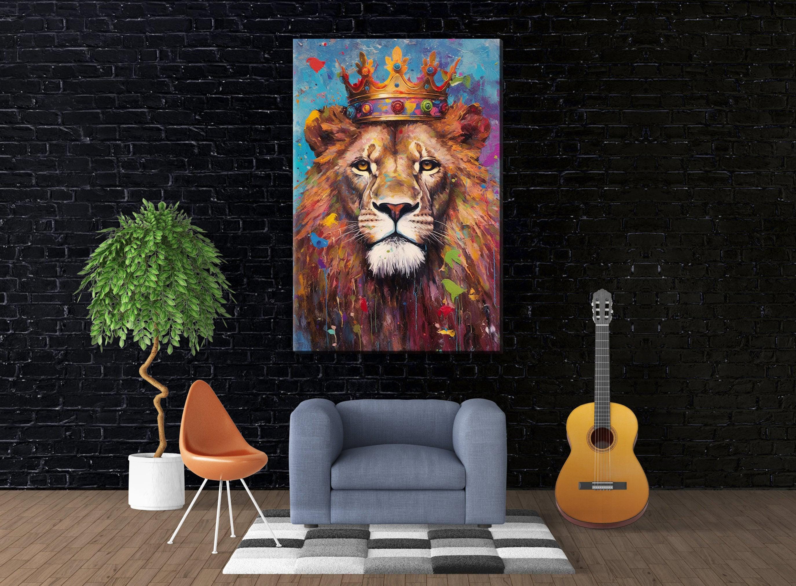 Lion Canvas Art – Large Gallery Wrapped Canvas with Majestic Lion Crown Painting