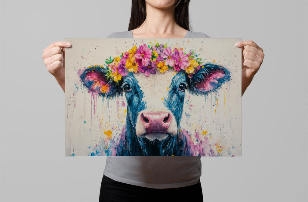 A woman holds up a framed print of a cow with a colorful flower crown on its head.