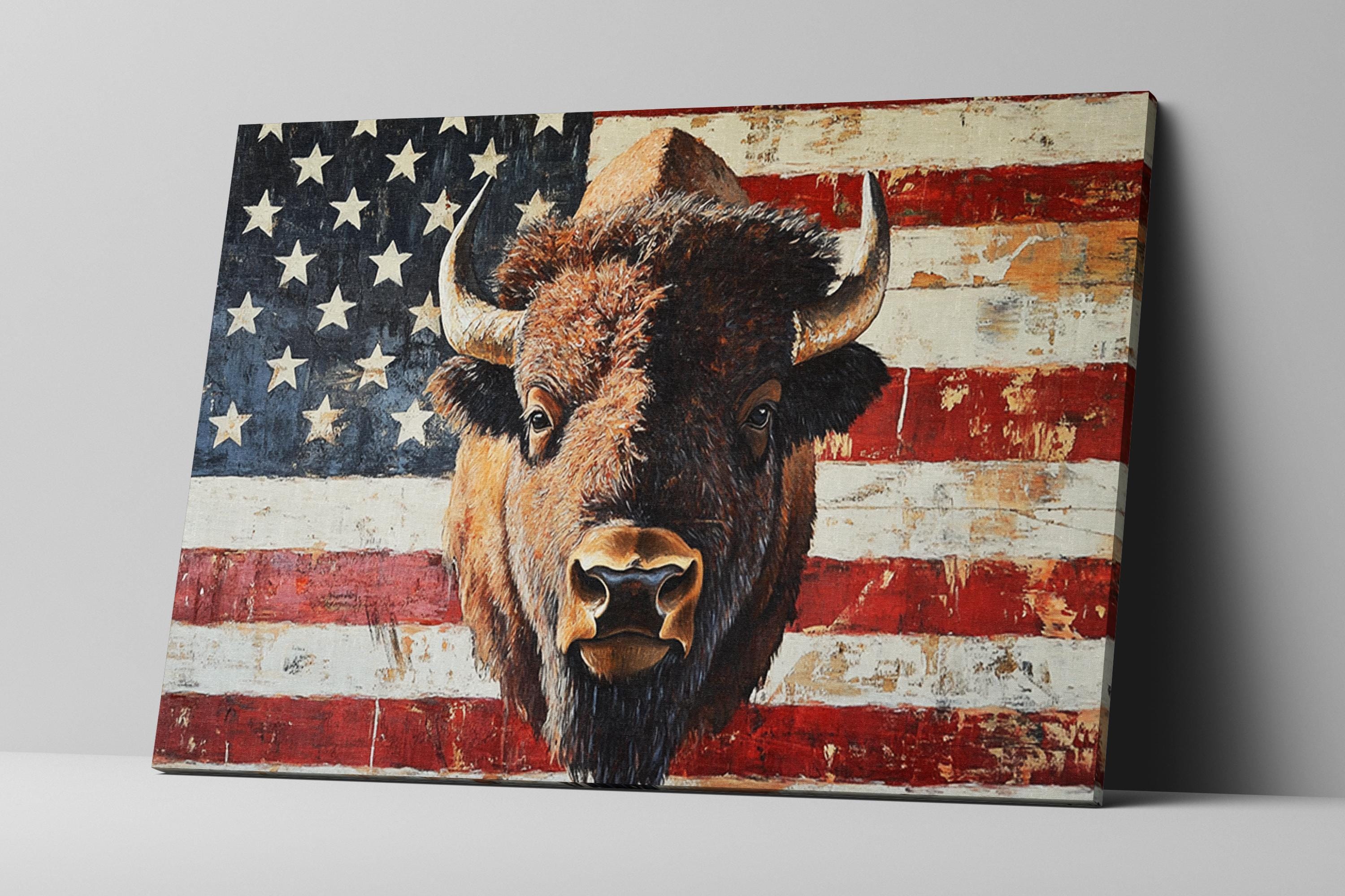 Patriotic Bison Canvas - Extra Large Framed Wall Art With American Flag