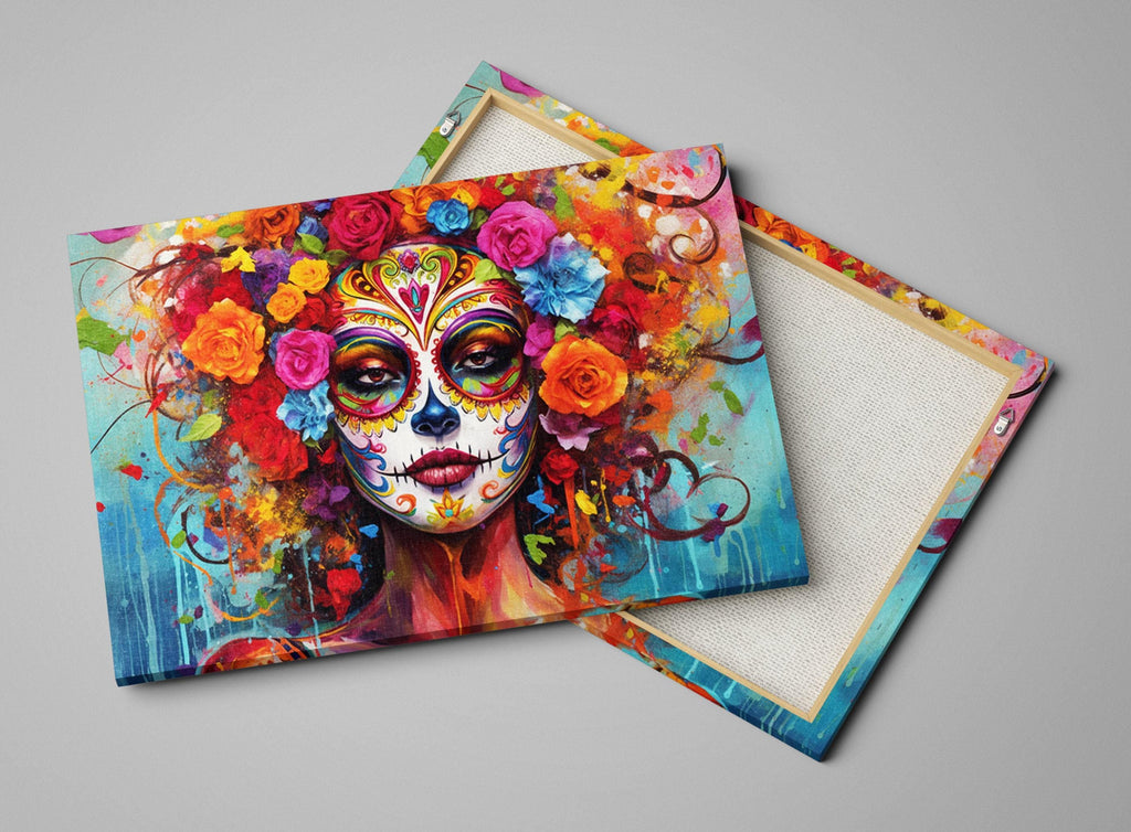 a vibrant and colorful painting of a woman's face with intricate floral and geometric patterns surrounding her.