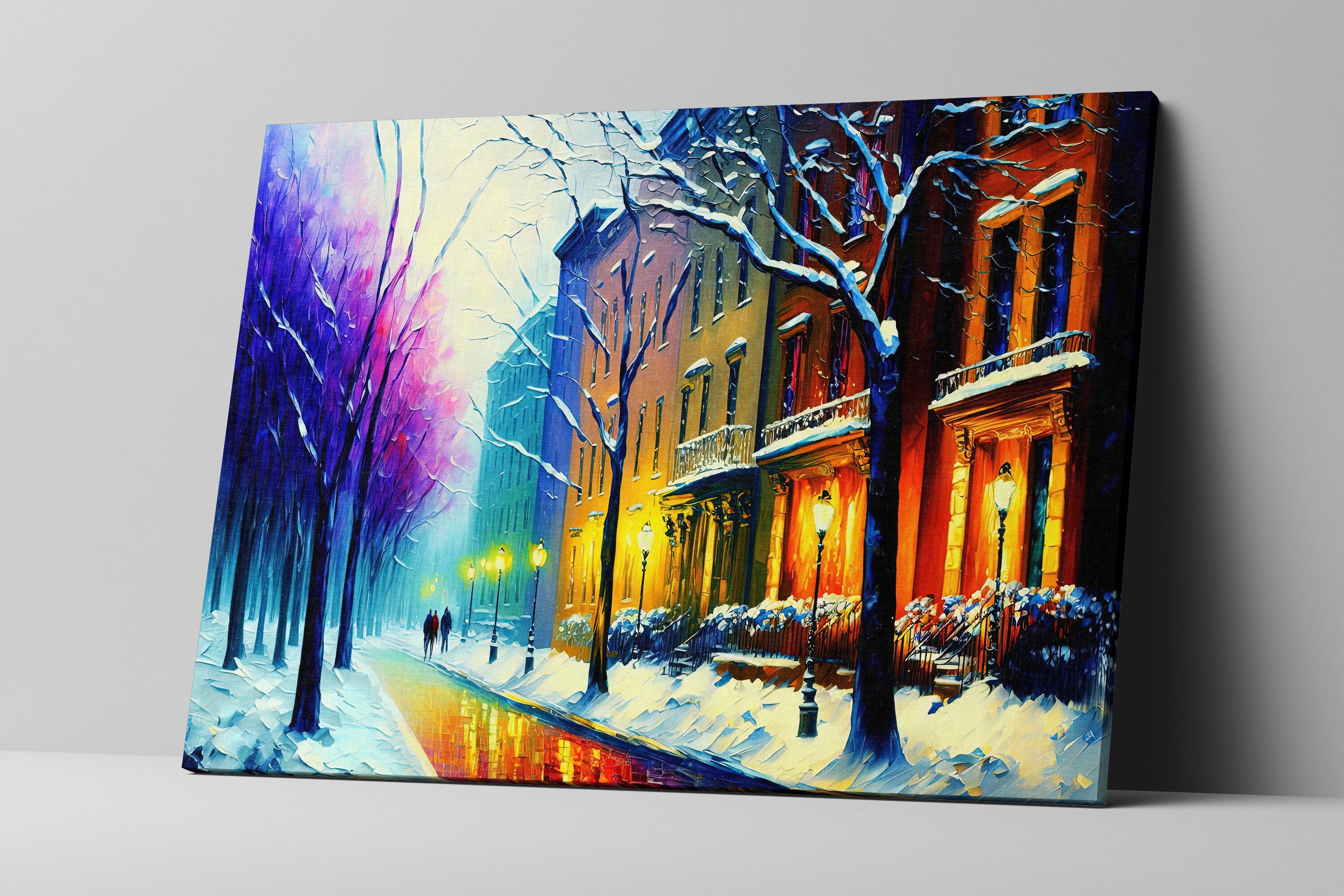Cityscape Painting Print – Vibrant Winter Snow Artwork on Large Canvas Art