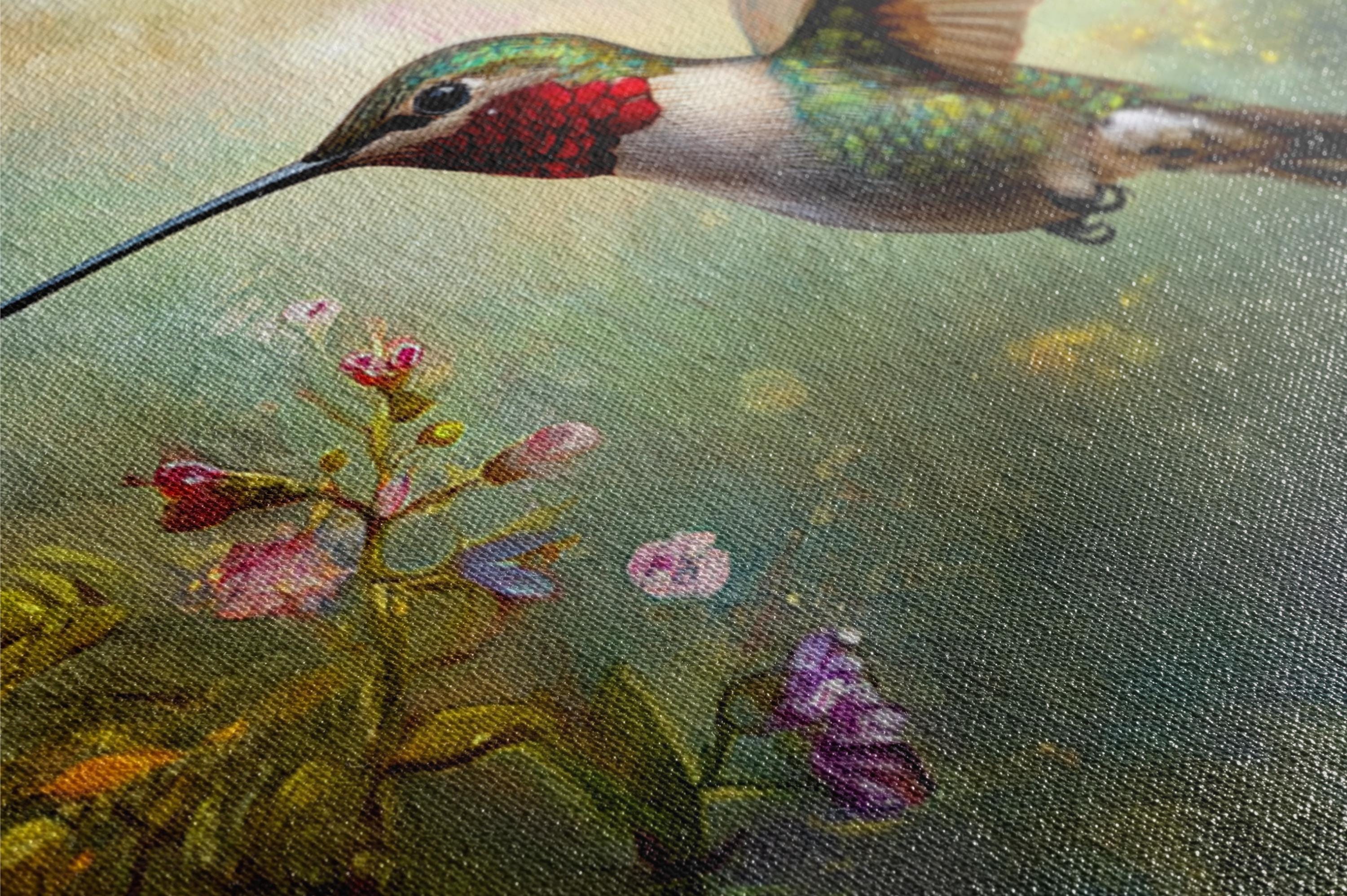a painting of a hummingbird flying over flowers