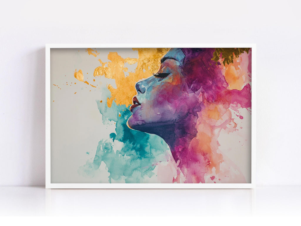 The image is a vibrant and colorful painting of a woman's face, with bold brushstrokes and splashes of color that create a dynamic and expressive portrait.