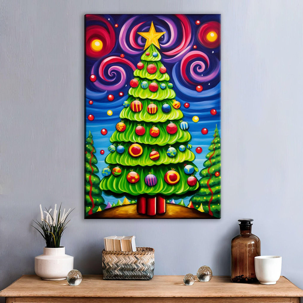 Christmas Canvas Art – Vibrant Color Burst Xmas Tree Painting on Gallery Wrapped Canvas