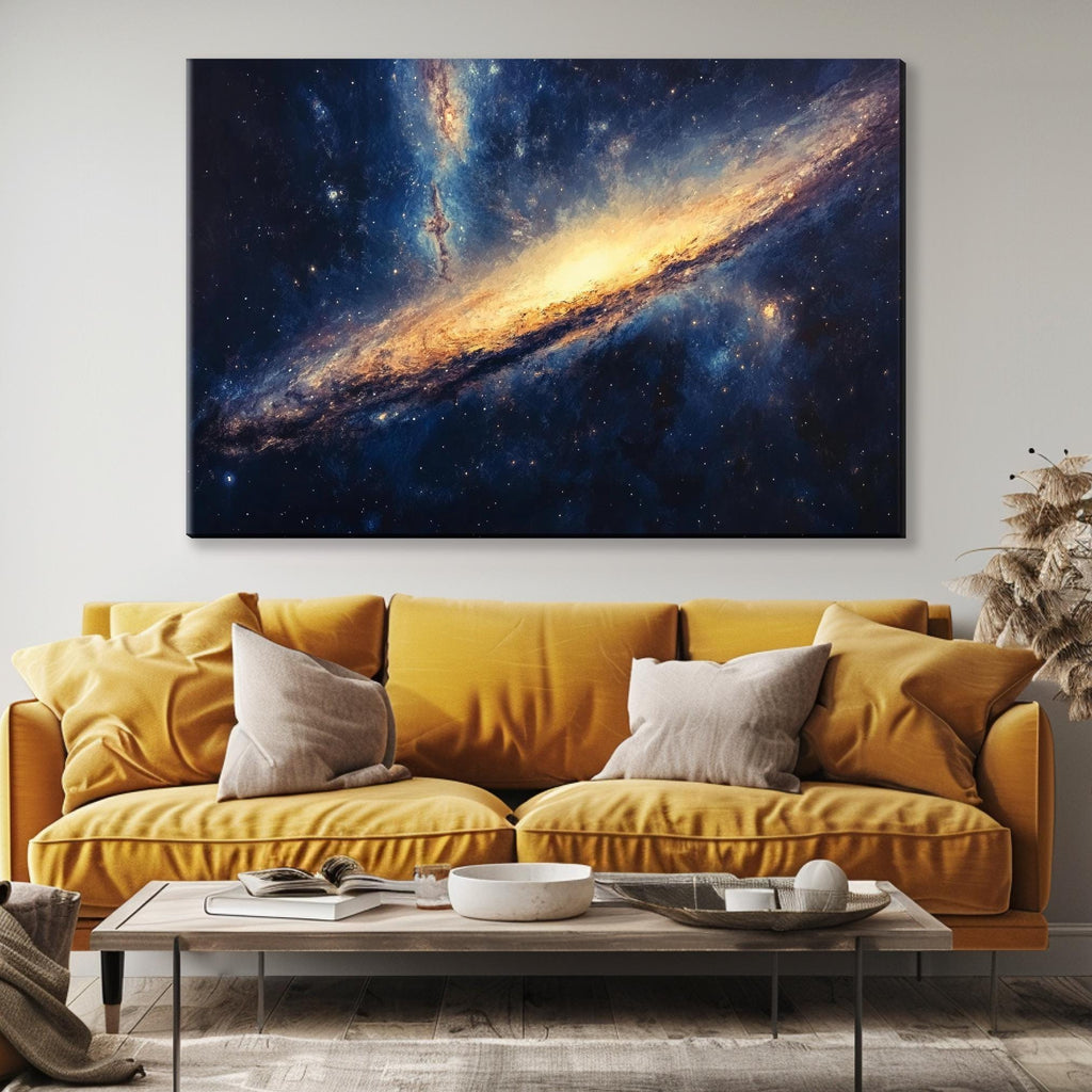 a living room with a yellow couch and a painting on the wall
