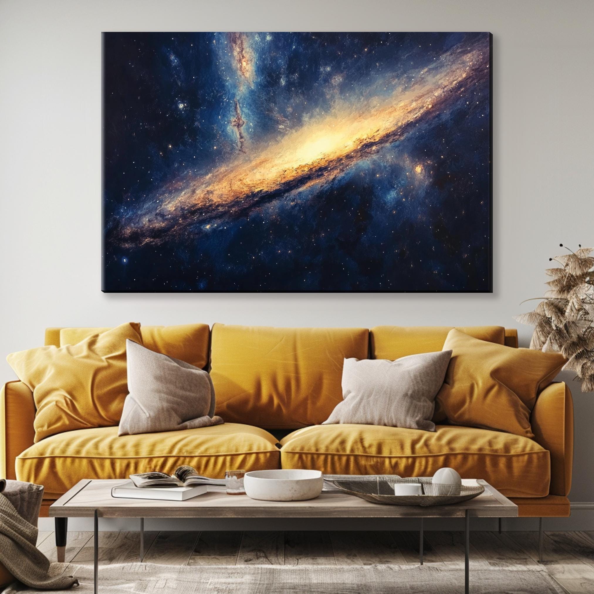 a living room with a yellow couch and a painting on the wall