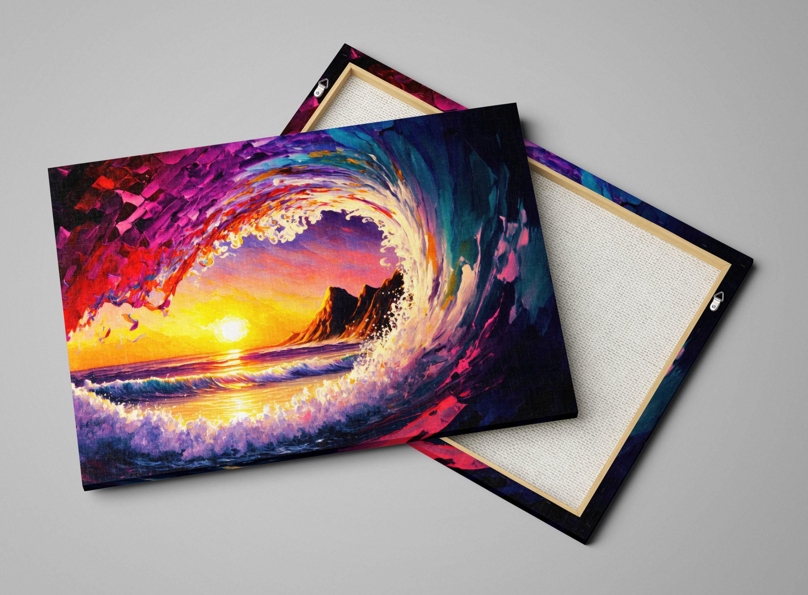 Ocean Wave Canvas Print - Hawaii Surfer Art | Big Wave Art Print, Vibrant Sunset Colors