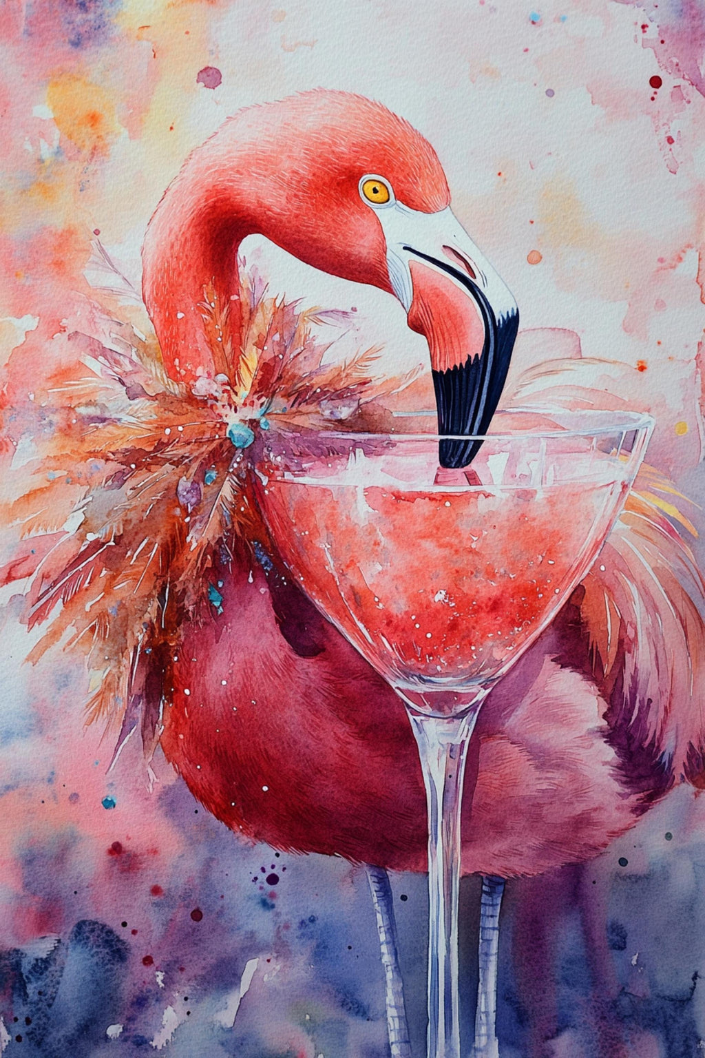 A vibrant watercolor painting depicts a pink flamingo standing in a martini glass, with a splash of color and texture throughout the scene.