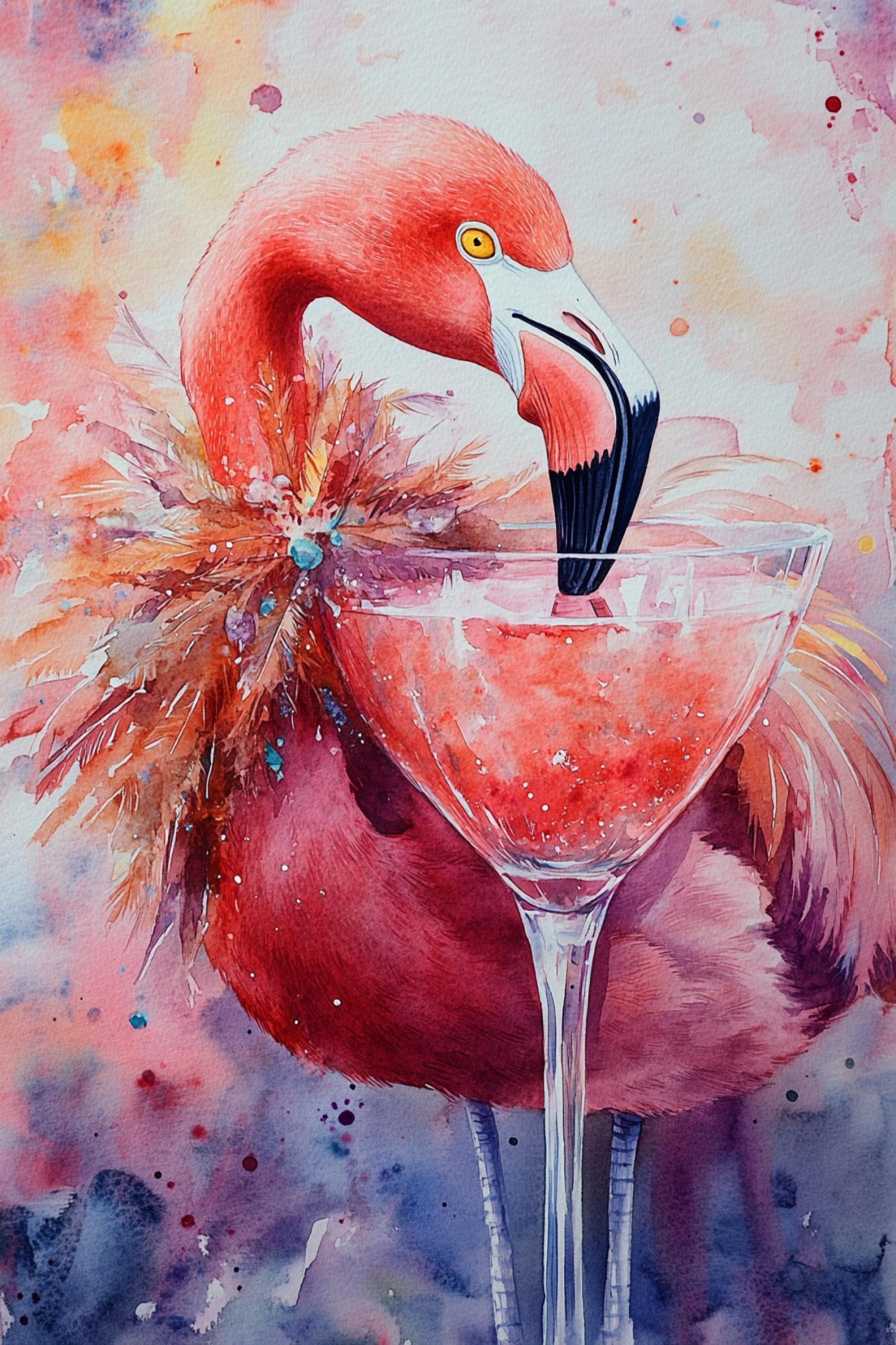 A vibrant watercolor painting depicts a pink flamingo standing in a martini glass, with a splash of color and texture throughout the scene.