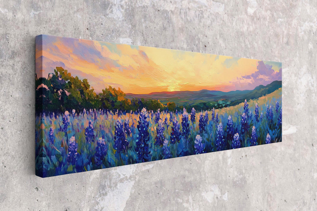 a painting of a field of blue flowers