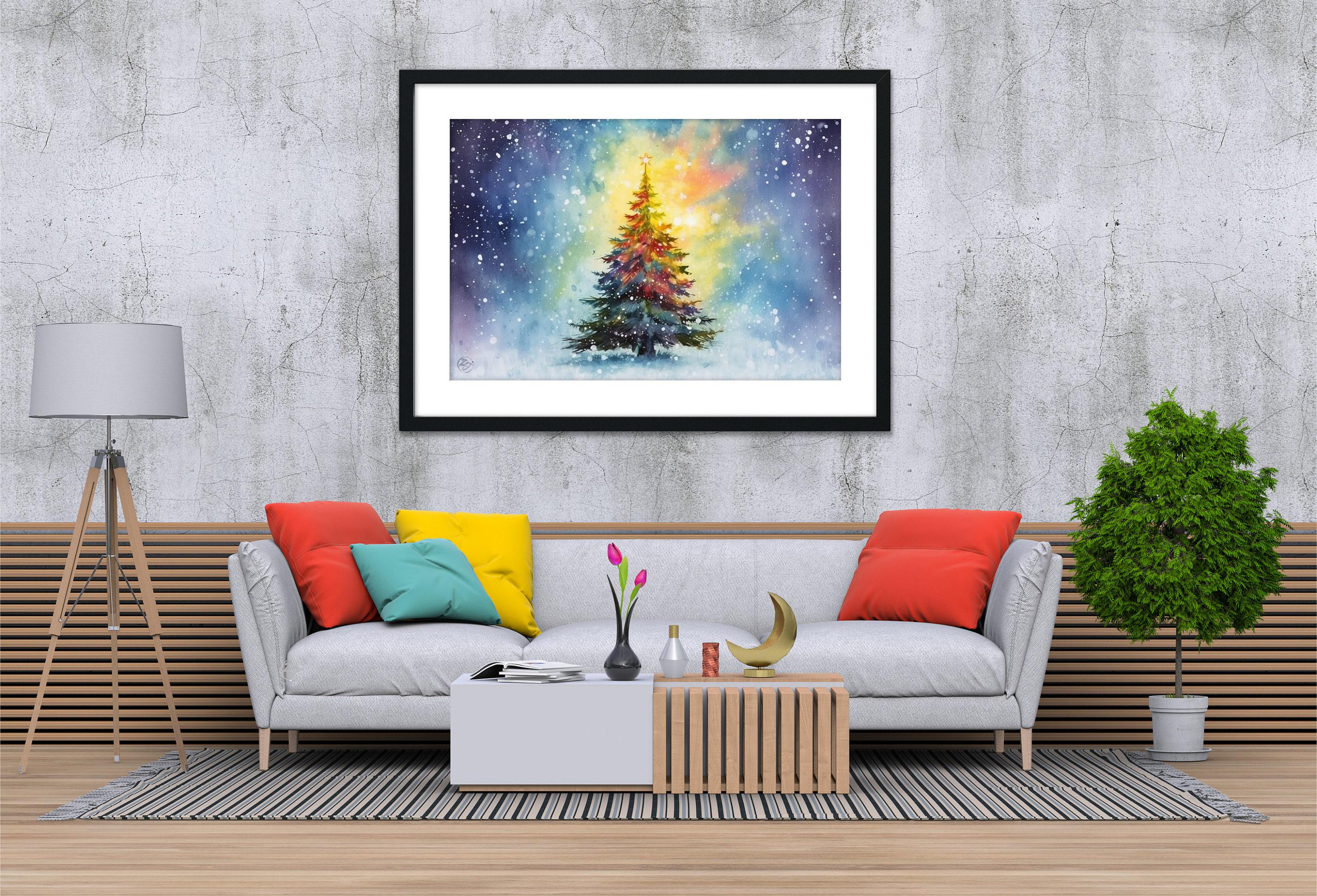 Joyful Holiday Tree Watercolor - Christmas Wall Art, Giclee Print on Canvas, Artist Paper, Watercolor Paper, Available in Extra Large Sizes