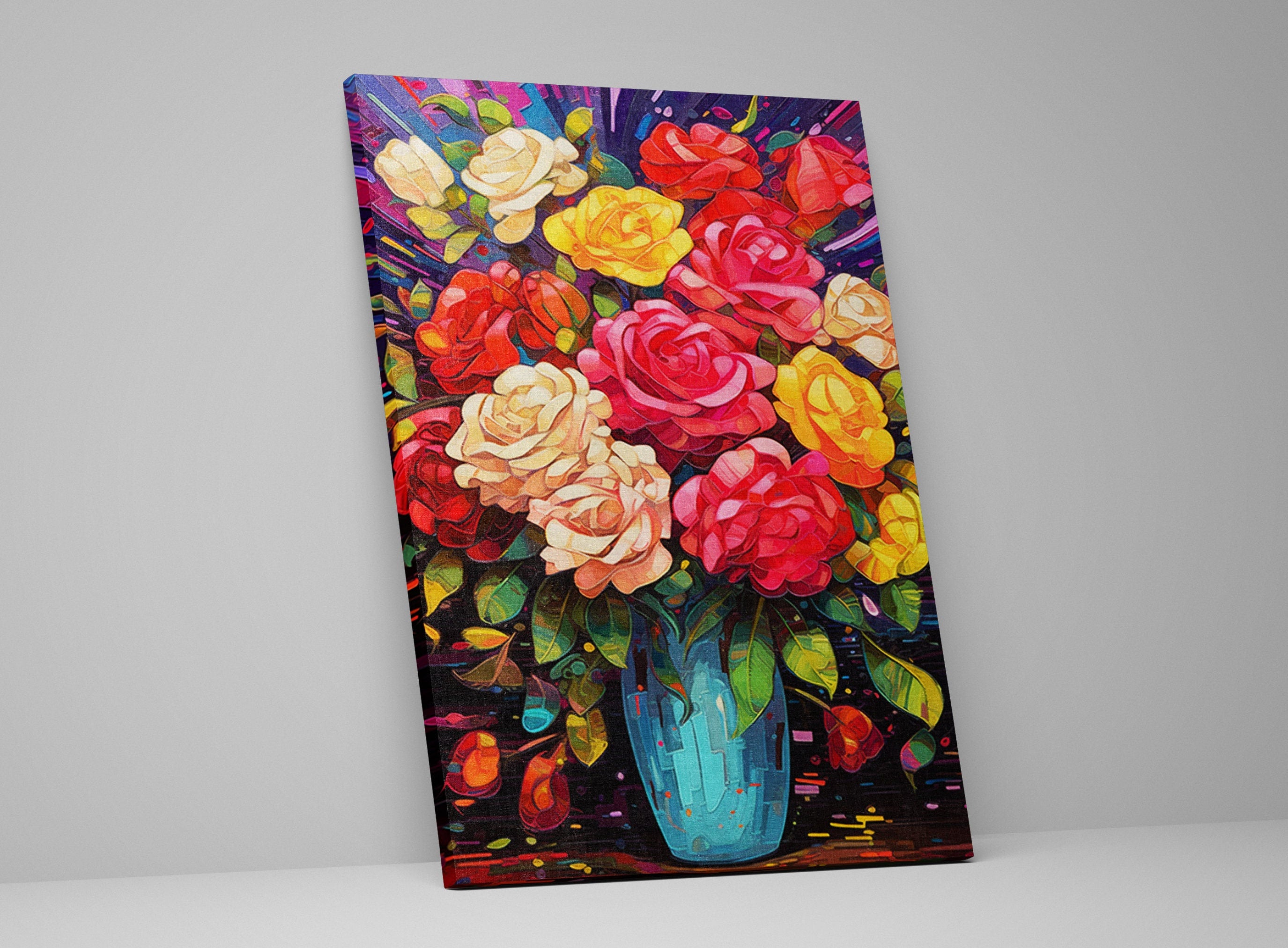 Rose Bouquet Canvas – Large Colorful Rose Art | Vibrant Floral Decor Print