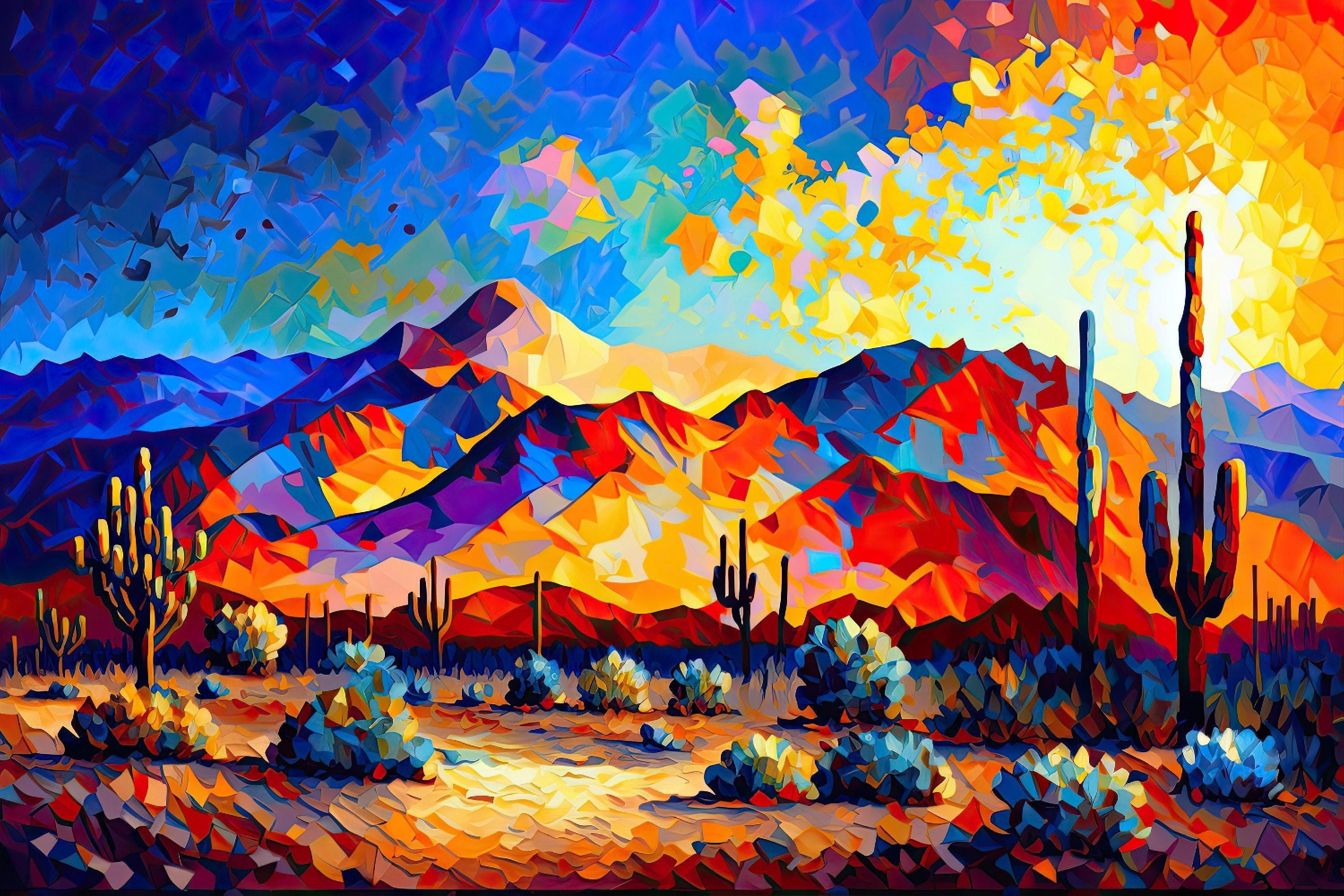 The image is a vibrant, colorful painting depicting a desert landscape with mountains, cacti, and a bright, fiery sky.