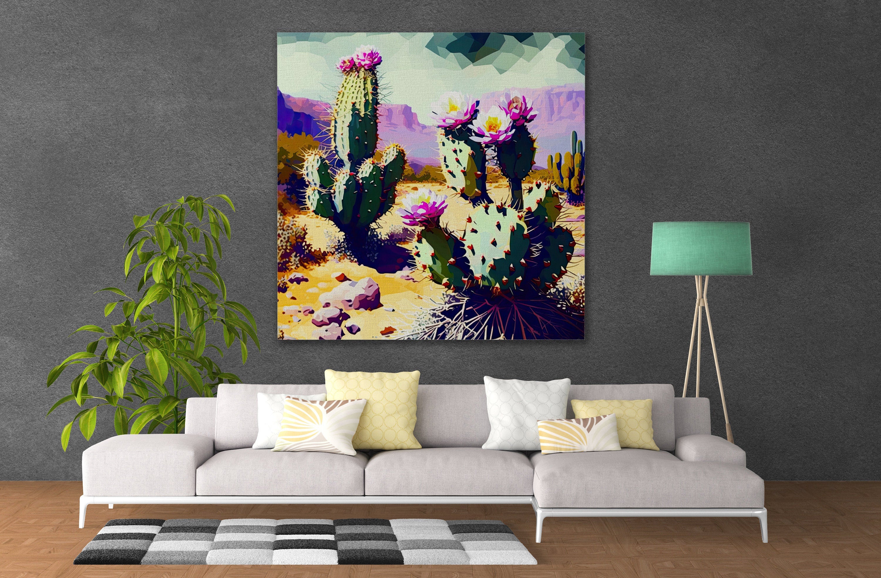 Desert Cactus Art – Purple Green Cactus Blossom on Gallery Wrapped Canvas, Ready to Hang