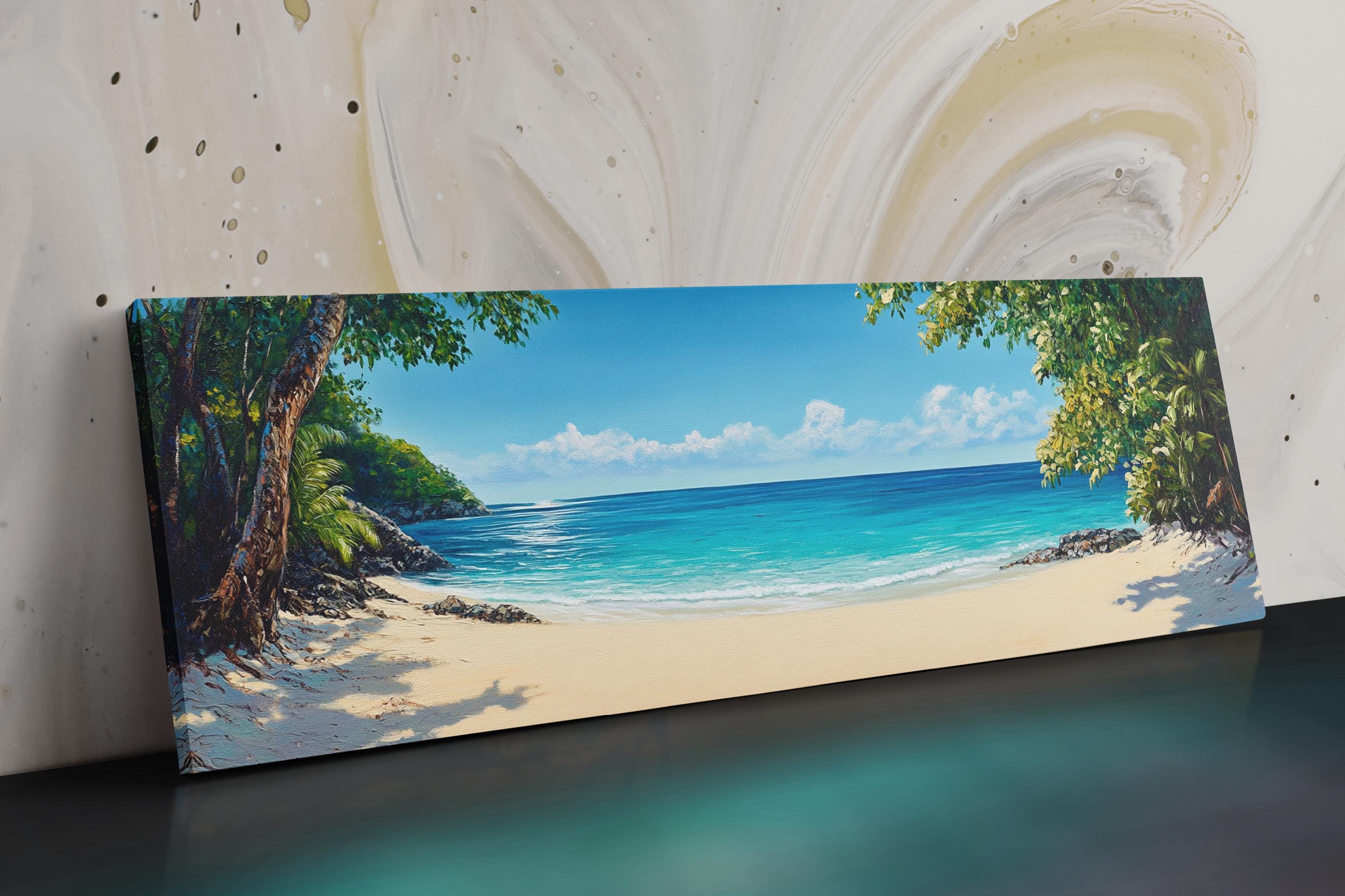 a painting of a tropical beach scene on a canvas