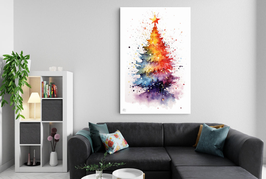 Festive Christmas Tree Watercolor - Christmas Art, Giclee Print on Canvas, Artist Paper, Watercolor Paper, Available in Extra Large Sizes