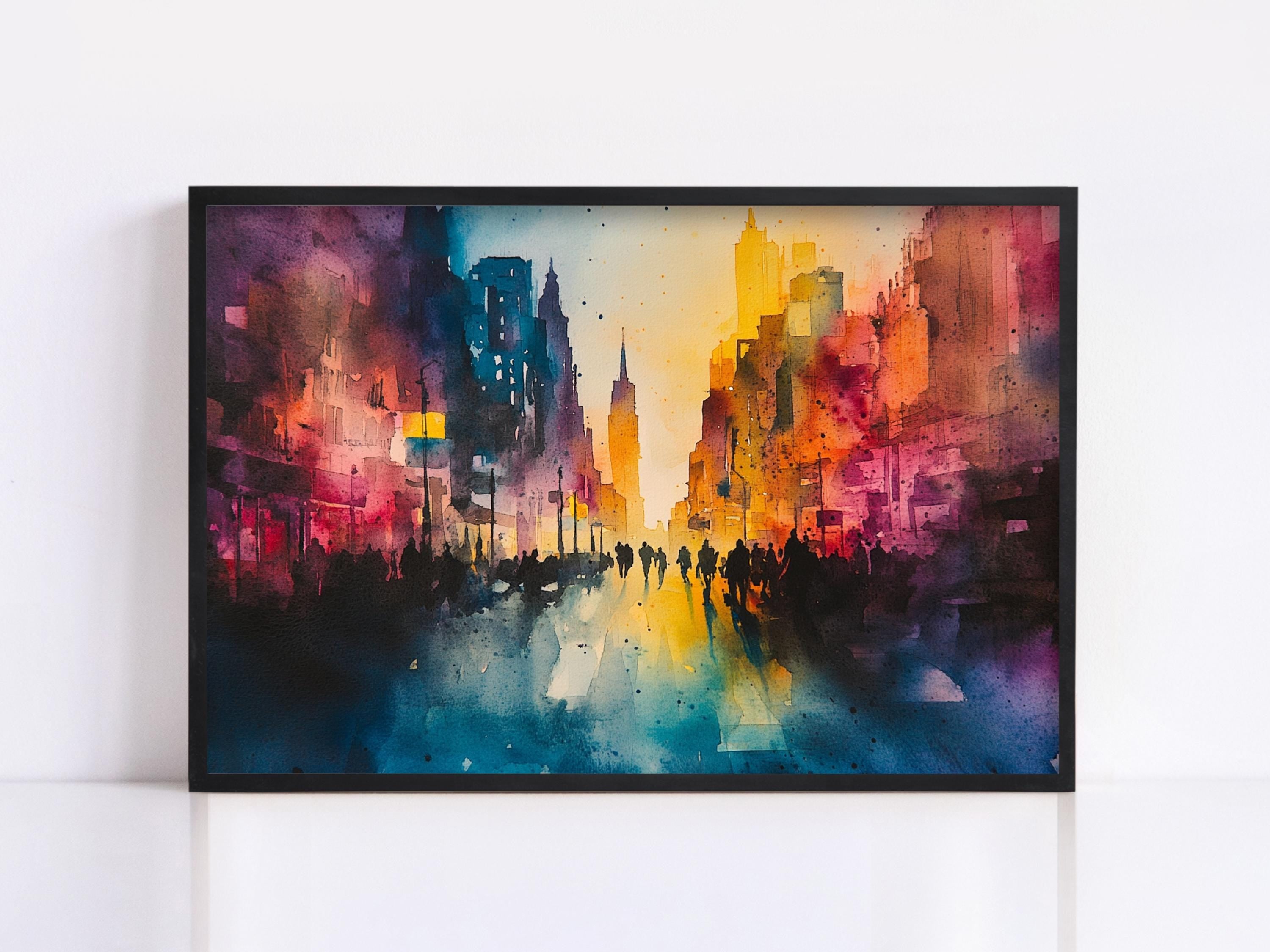 The image is a vibrant watercolor painting depicting a cityscape with tall buildings and a colorful, abstract background.