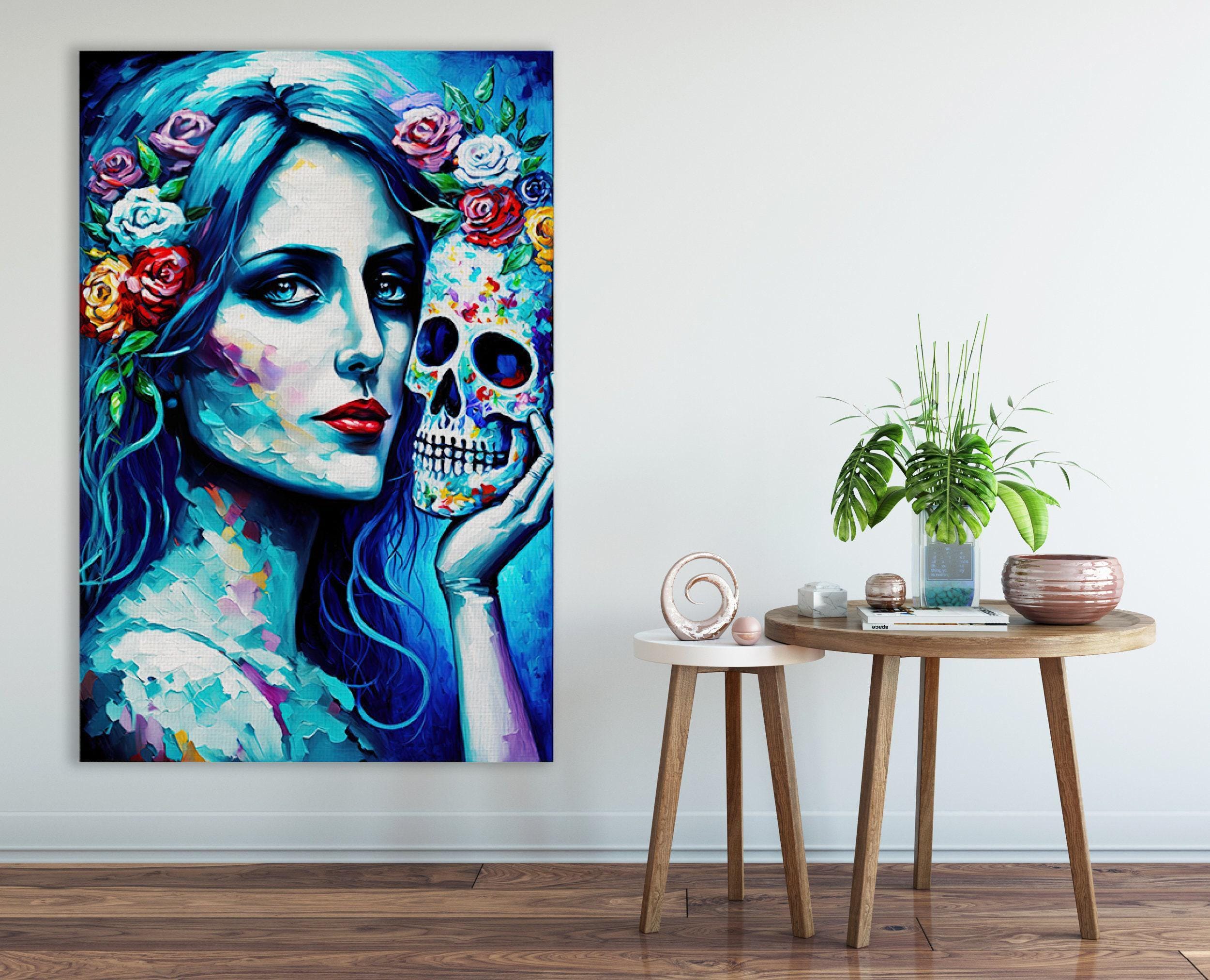 Blue Sugar Skull Canvas - Day of the Dead Art | Gallery Wrapped, Ready to Hang, Extra Large