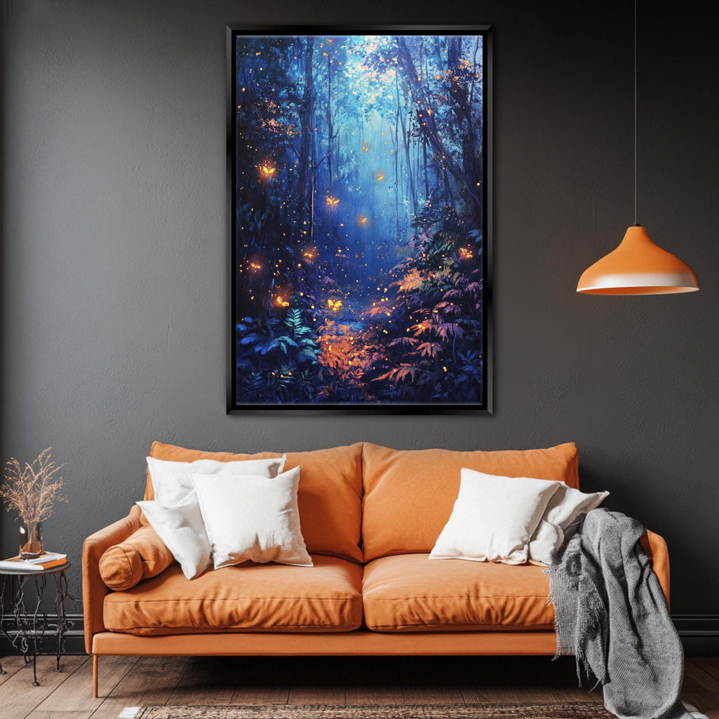 a living room with a couch and a painting on the wall