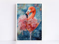 A vibrant painting of a flamingo standing in a martini glass, with a pink feather adorning its head.