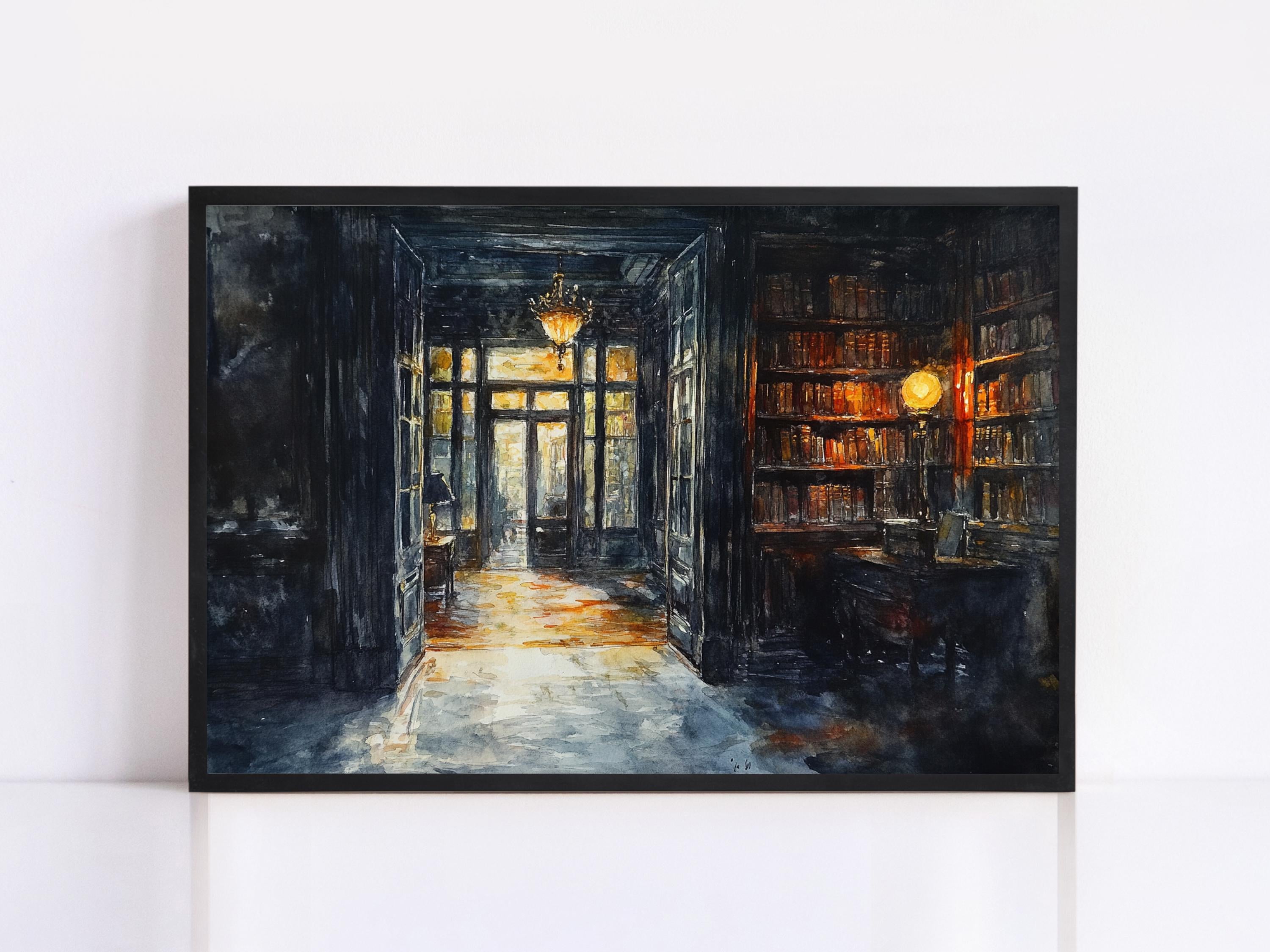 The image is a painting depicting a dimly lit, cozy library with a large bookshelf filled with books. The painting has a dark, moody atmosphere, with a warm, inviting glow from the lamps and the light filtering through the windows.