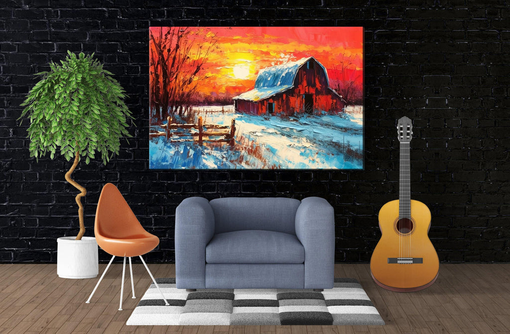 Wintery Farm Scene - Rustic Winter Canvas | Vintage Barn Landscape Print on Gallery Wrapped Canvas