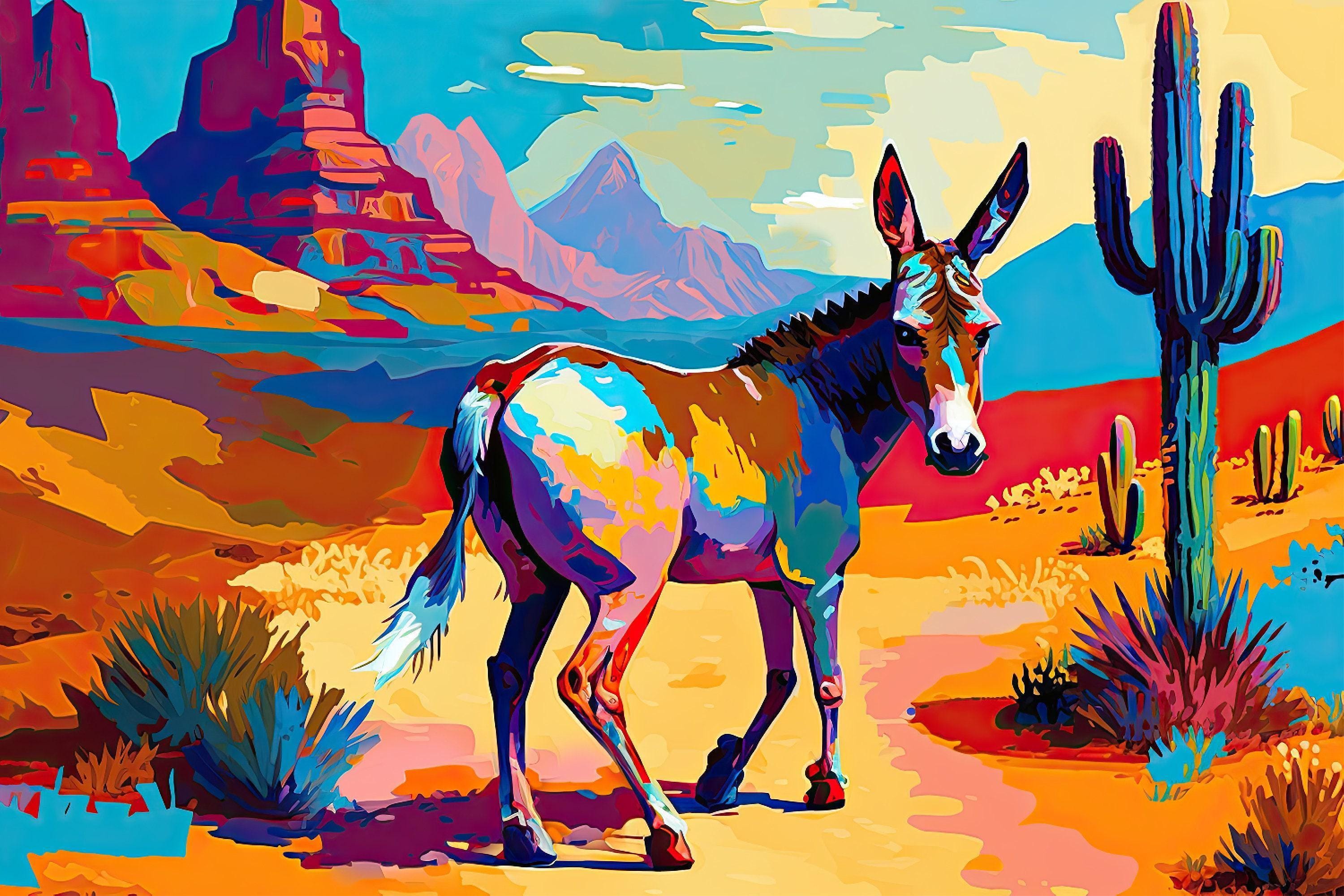 A colorful, vibrant painting depicting a donkey standing in a desert landscape with mountains in the background.