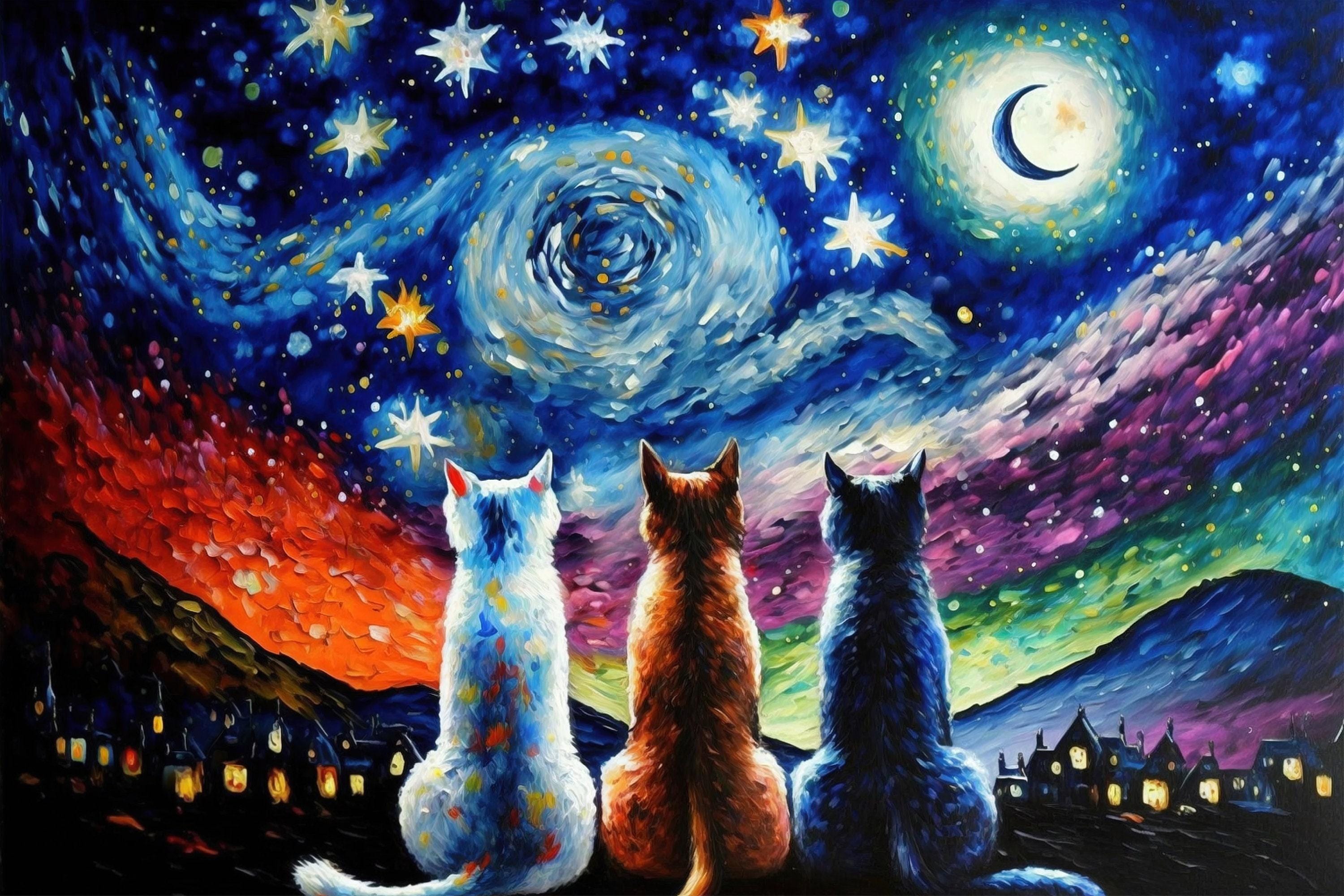 The image is a vibrant painting depicting three cats gazing up at a starry night sky. The cats are positioned in a line, with the one on the left facing the viewer, the one in the middle facing away from the viewer, and the one on the right facing away from the viewer. The painting is filled with a variety of colors, including shades of blue, orange, and purple, creating a lively and captivating scene.