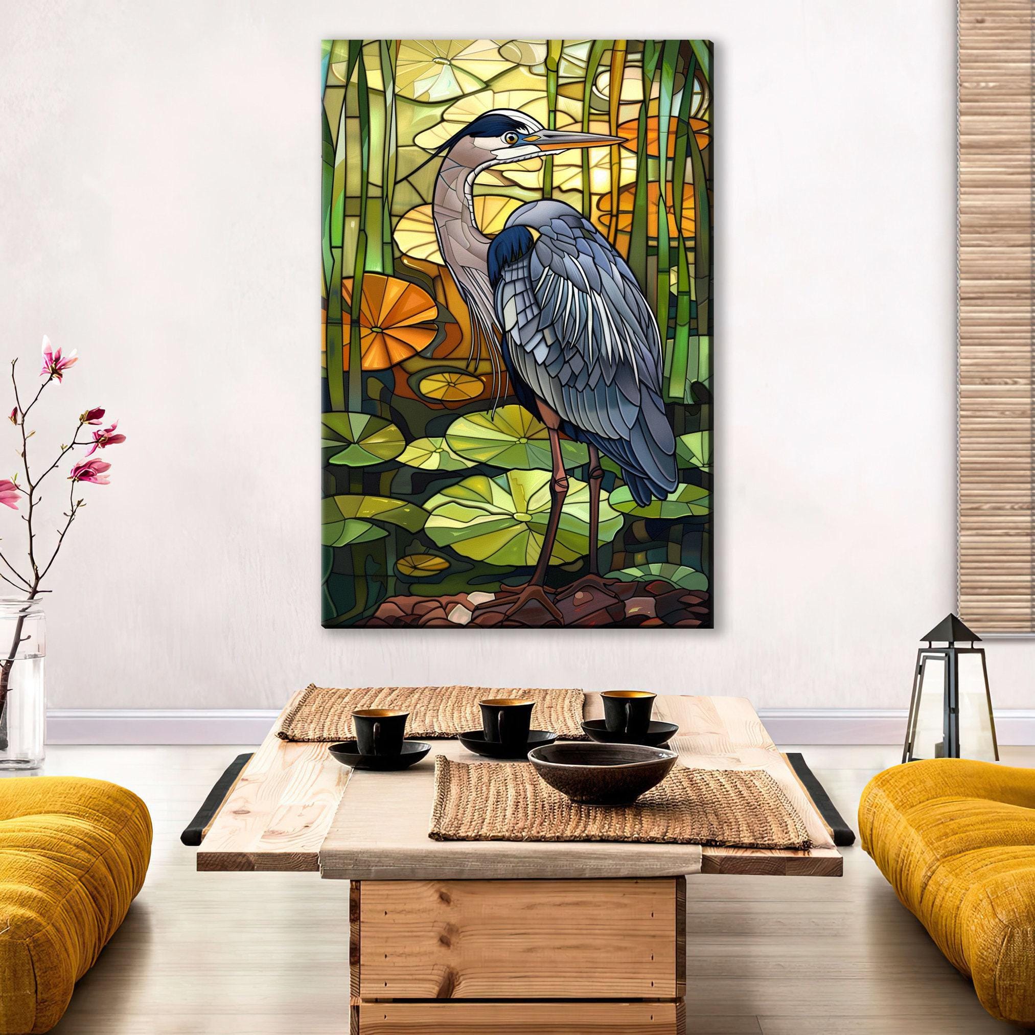 Blue Heron Canvas Art - Large Gallery Wrapped Stained Glass Style Print, Ready to Hang