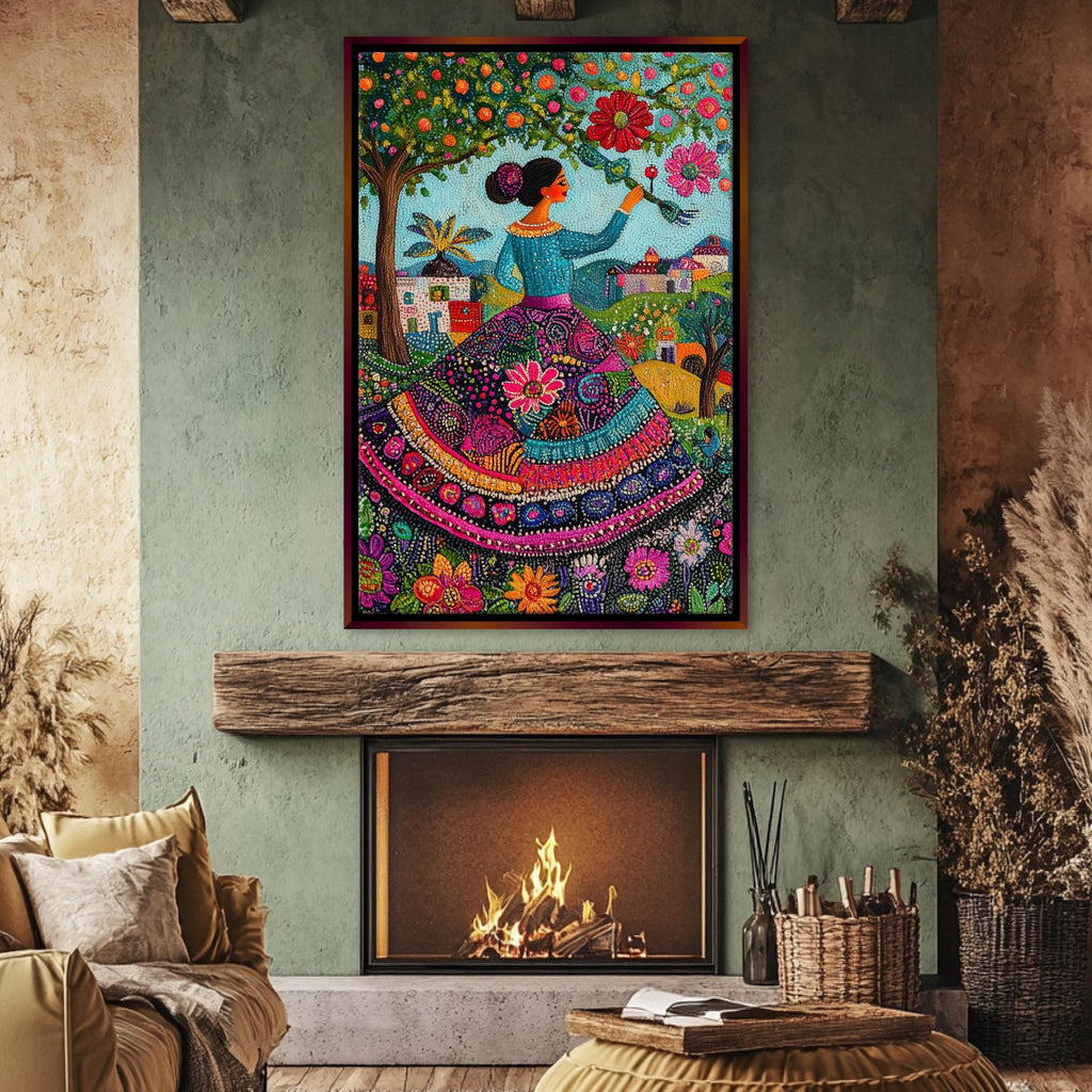 a living room with a fireplace and a painting on the wall