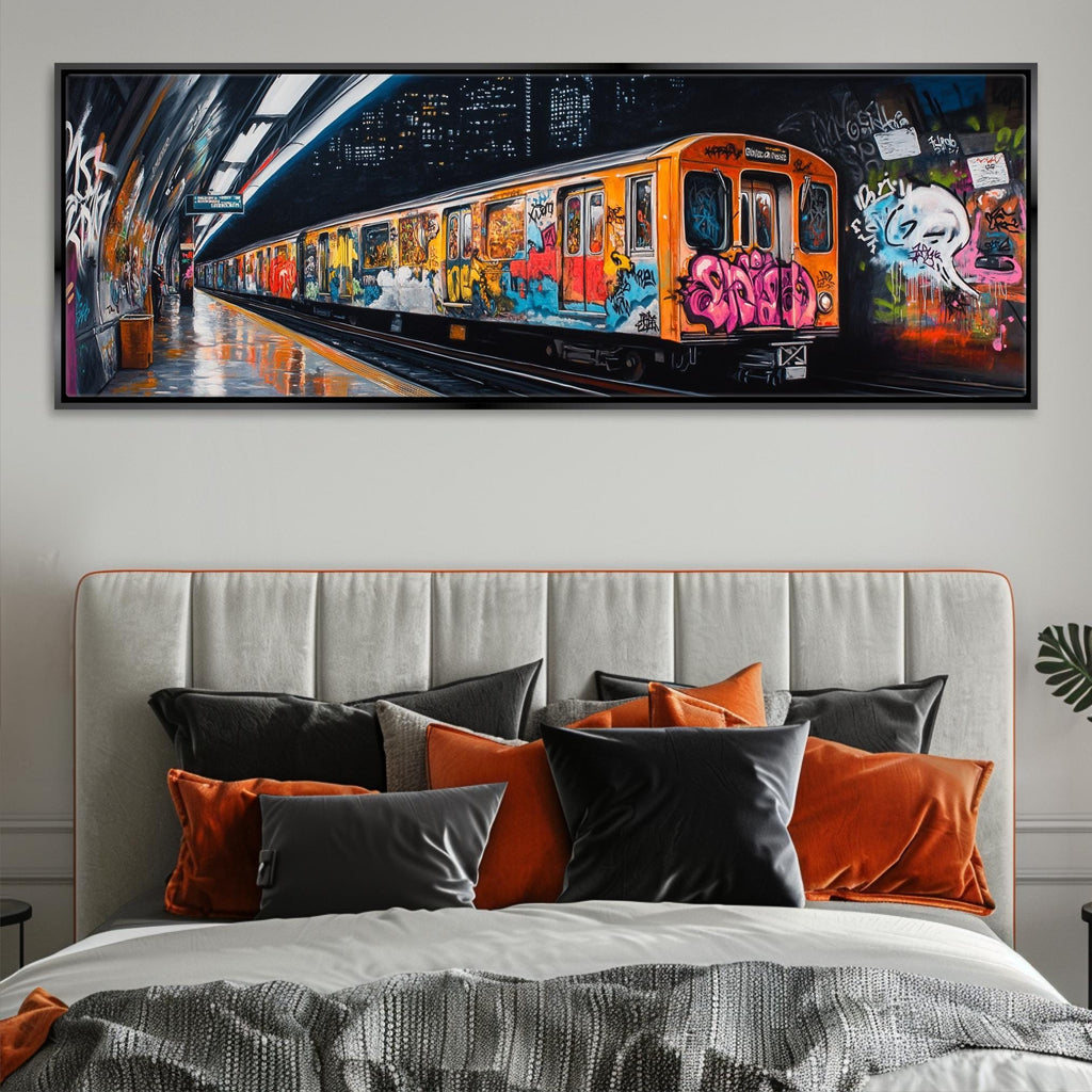 a painting of a train on a wall above a bed