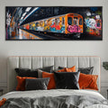 a painting of a train on a wall above a bed