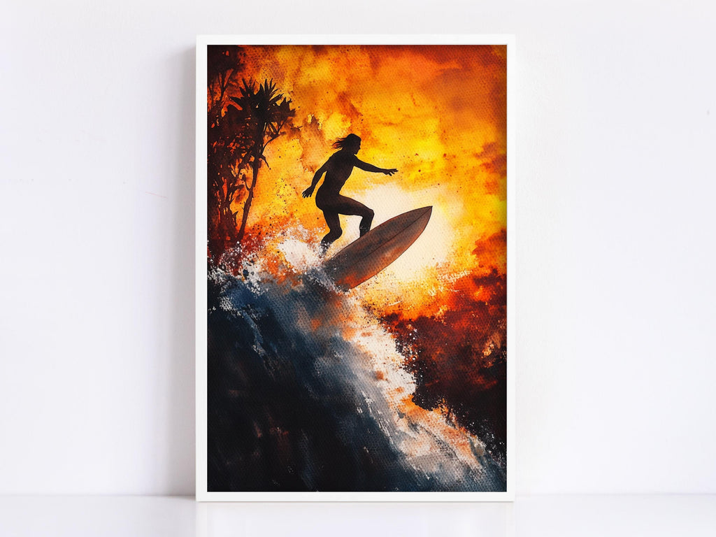 A surfer riding a wave against a fiery backdrop, with a silhouetted figure of a person surfing in the background.