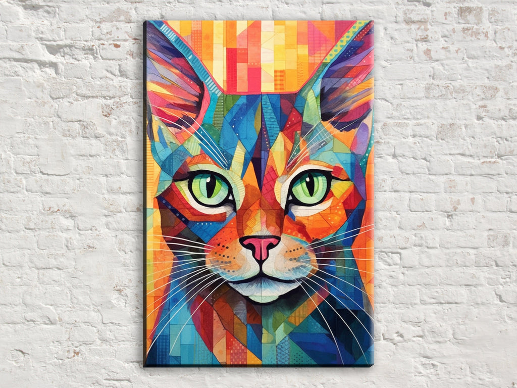 Cat Canvas Wall Art - Large Colorful Cat Portrait with Abstract Pop Art Painting