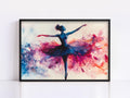 A framed painting depicting a ballerina in a dynamic pose, surrounded by vibrant splashes of color.