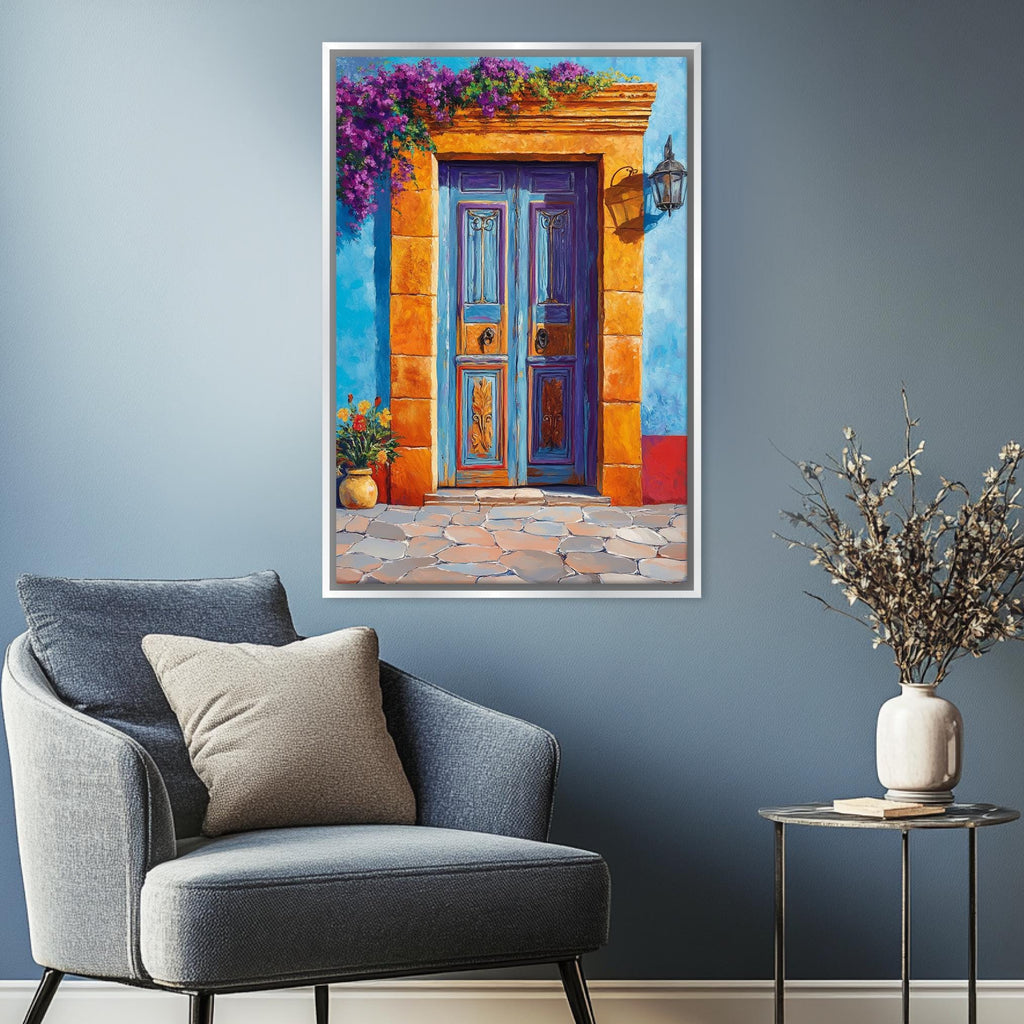 a painting of a blue door in a blue room