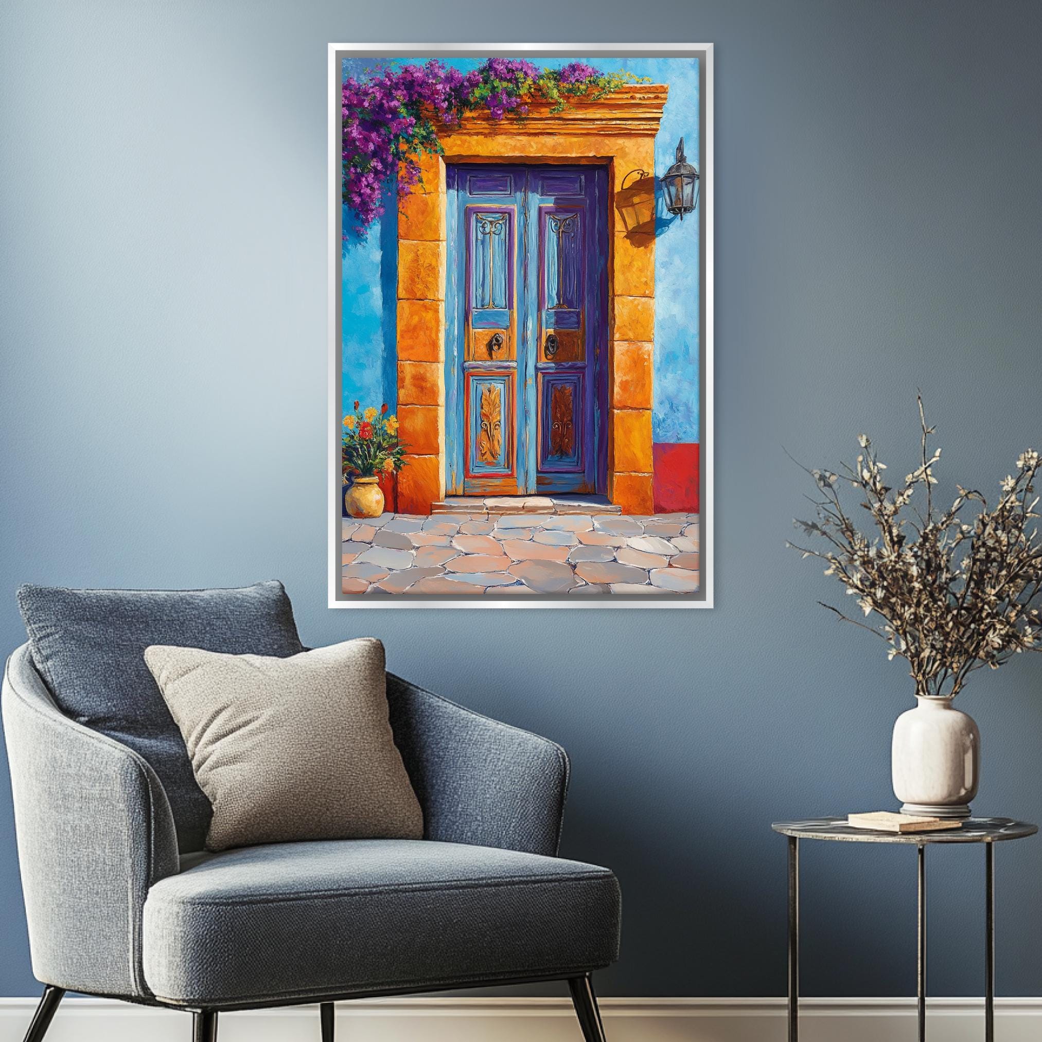 a painting of a blue door in a blue room