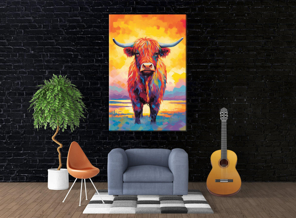Highland Cow Canvas – Rustic Farmhouse Wall Art, Large Colorful Cow Painting