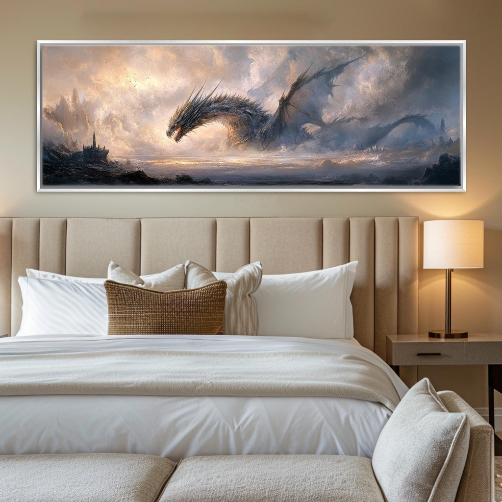 a large painting of a dragon over a bed