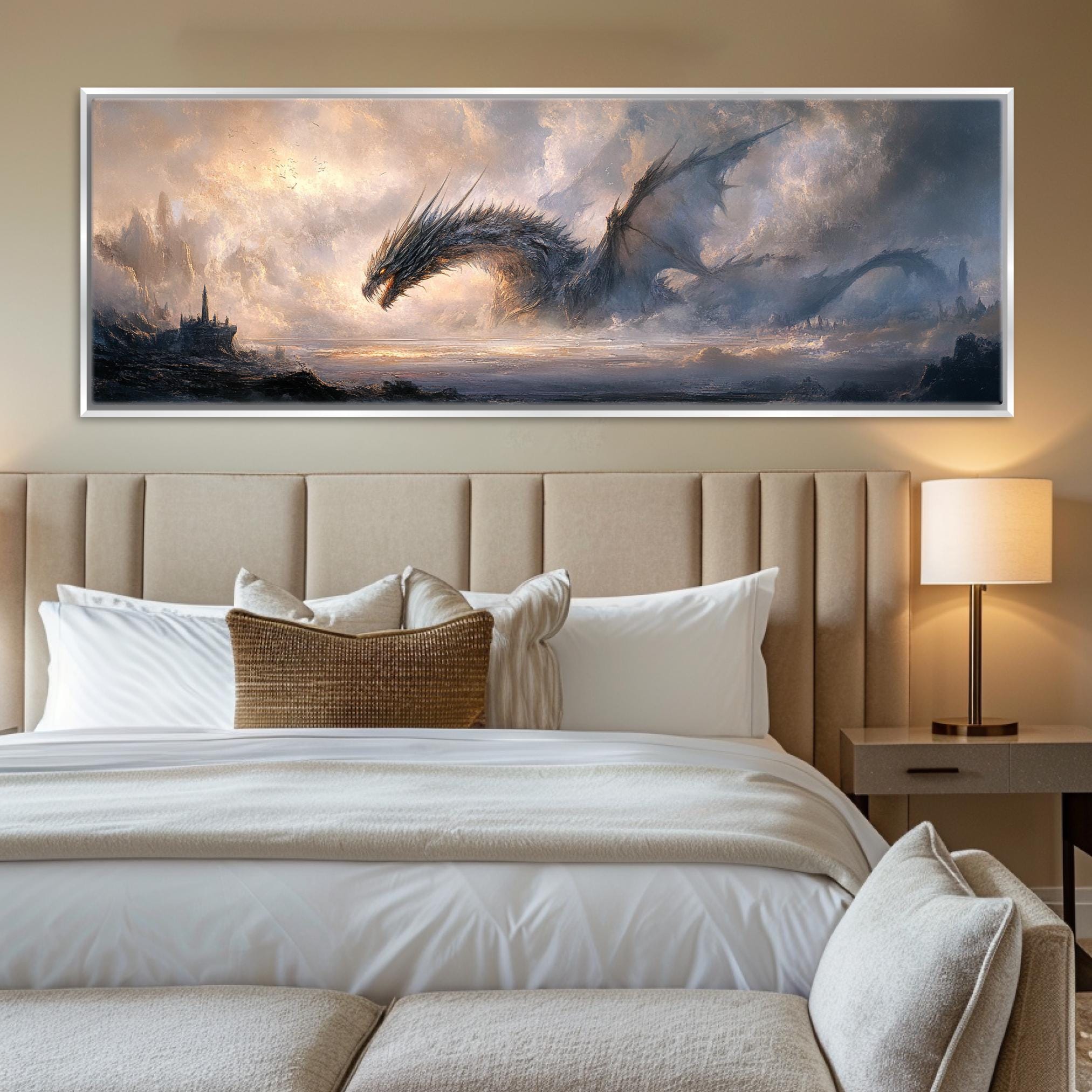 a large painting of a dragon over a bed