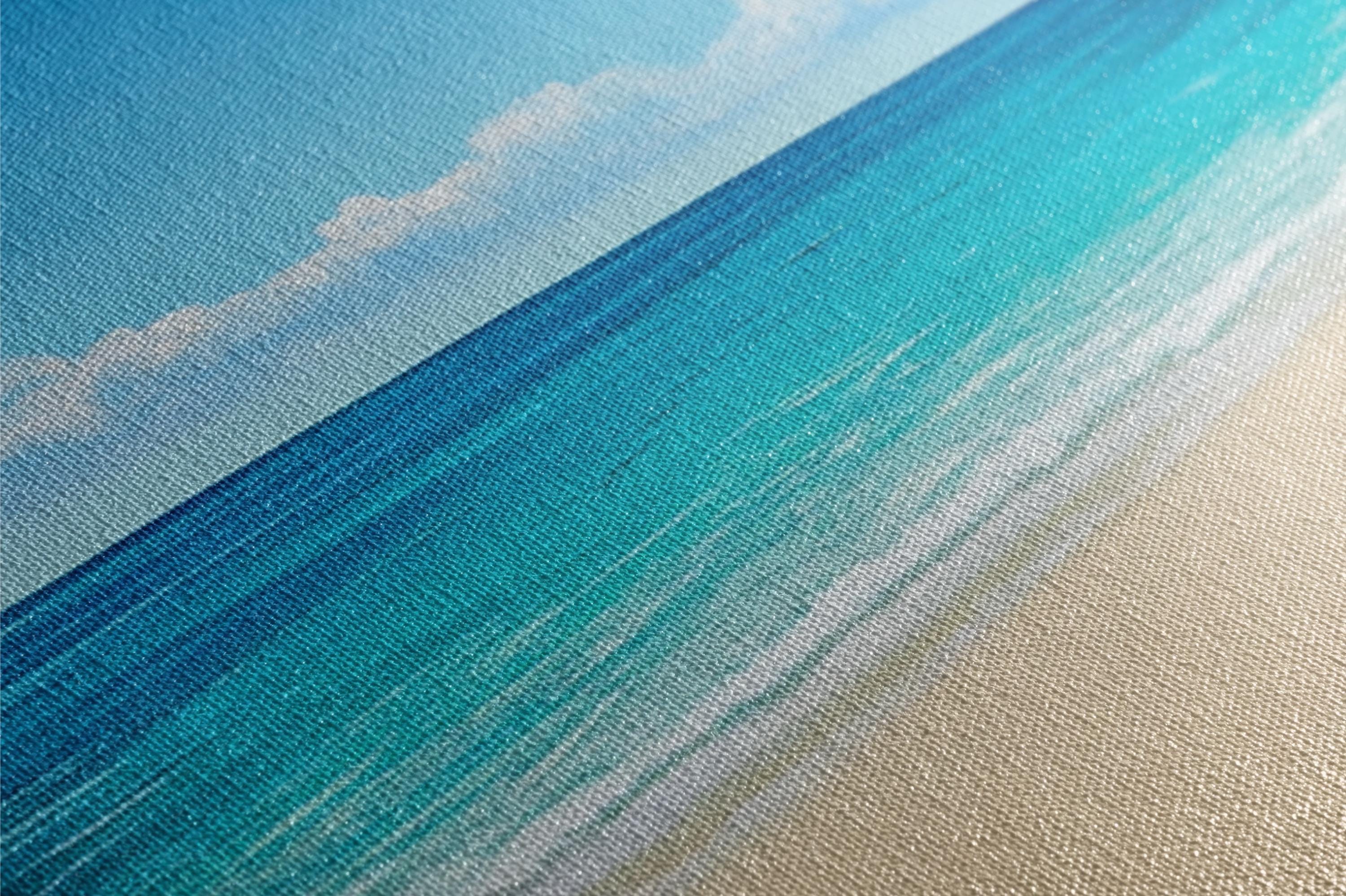 a painting of a beach with blue water