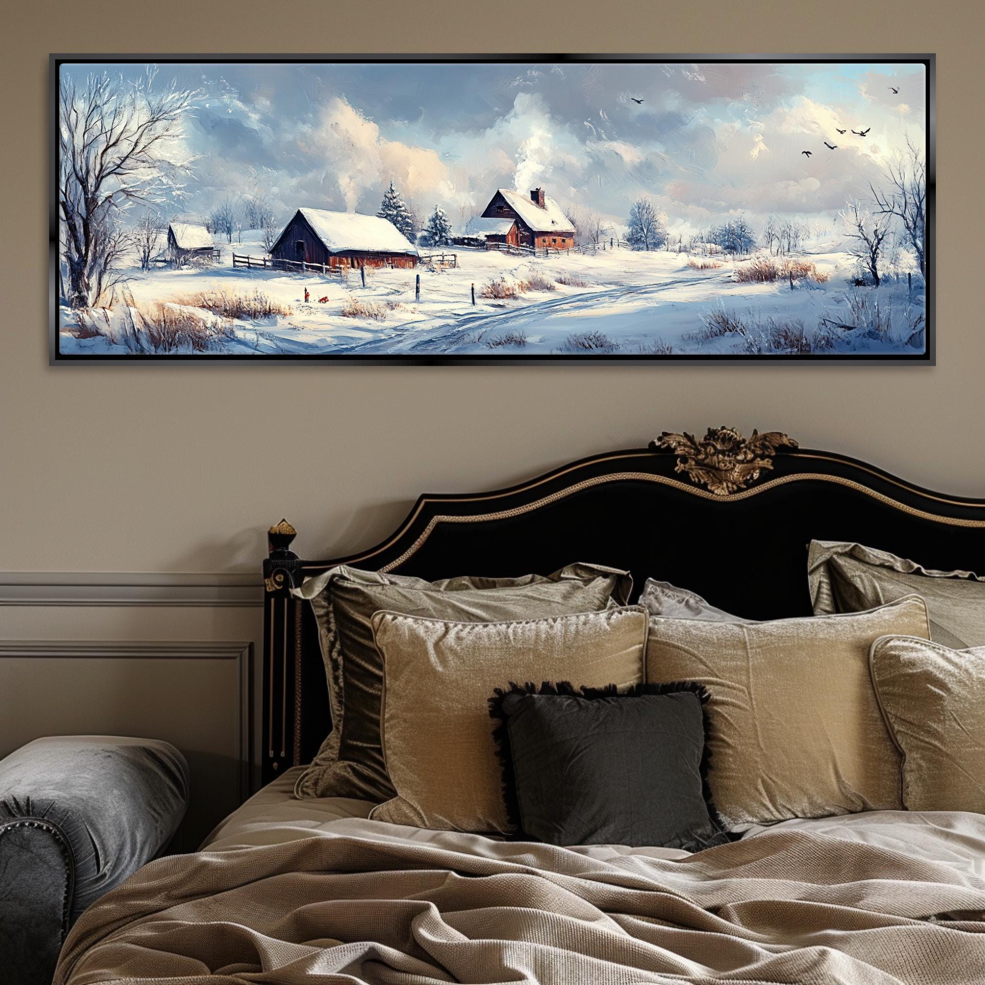 a painting of a winter scene on a wall above a bed