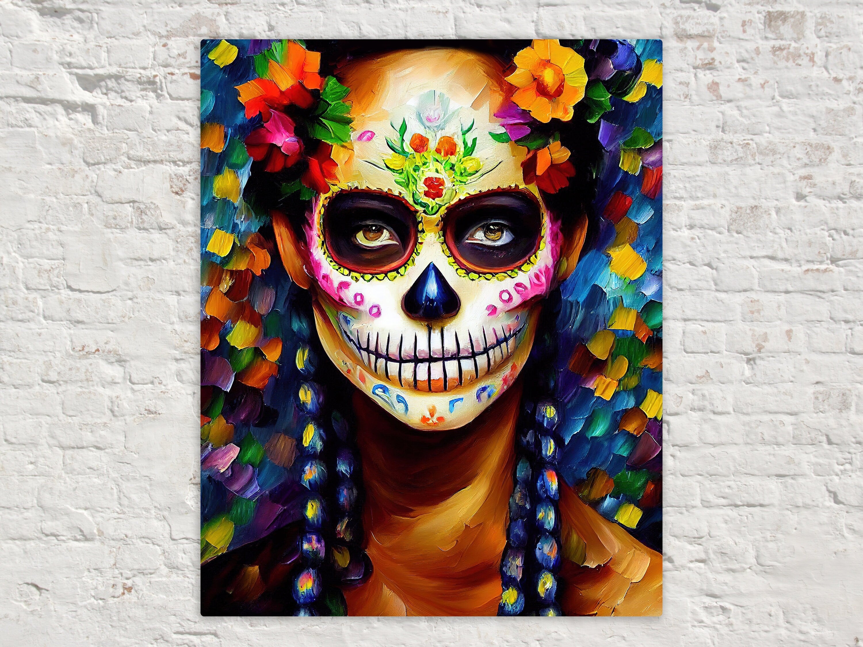 Sugar Skull Wall Art - Dia De Los Muertos Art Canvas Featuring Colorful Skull Print