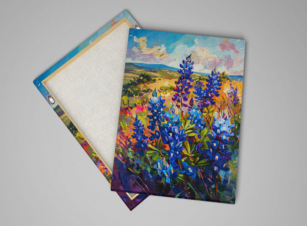 a vibrant painting of a field of colorful flowers, including blue and purple blooms, set against a backdrop of a picturesque landscape.