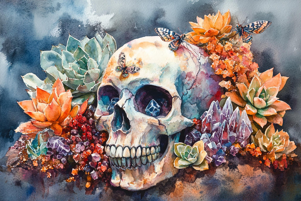A watercolor painting depicting a skull surrounded by vibrant flowers, including succulents and other colorful blooms, with butterflies fluttering around it.