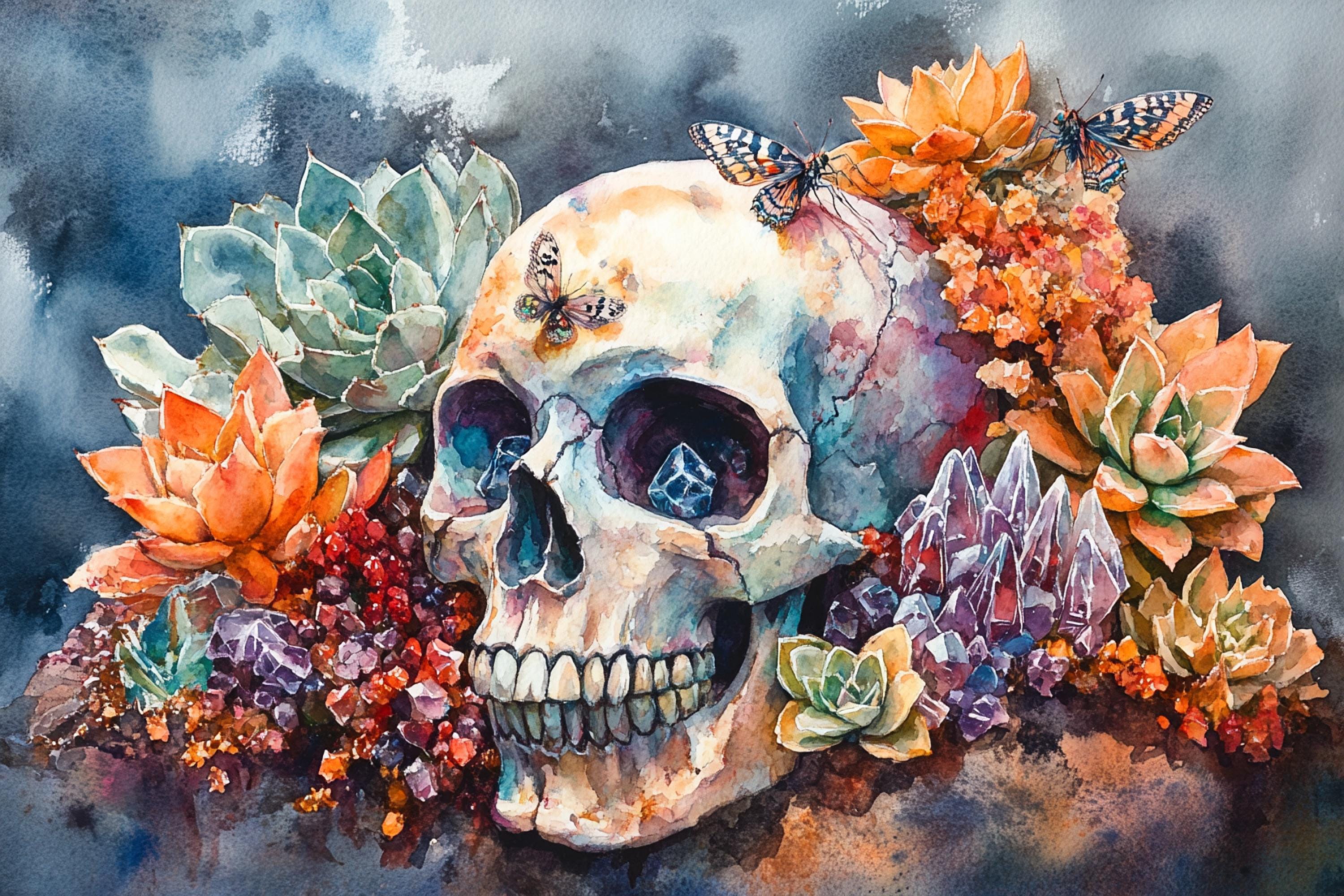A watercolor painting depicting a skull surrounded by vibrant flowers, including succulents and other colorful blooms, with butterflies fluttering around it.
