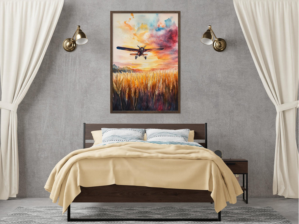 a bedroom with a large bed, a nightstand, and a painting of a plane flying over a field of wheat hanging on the wall above the bed.