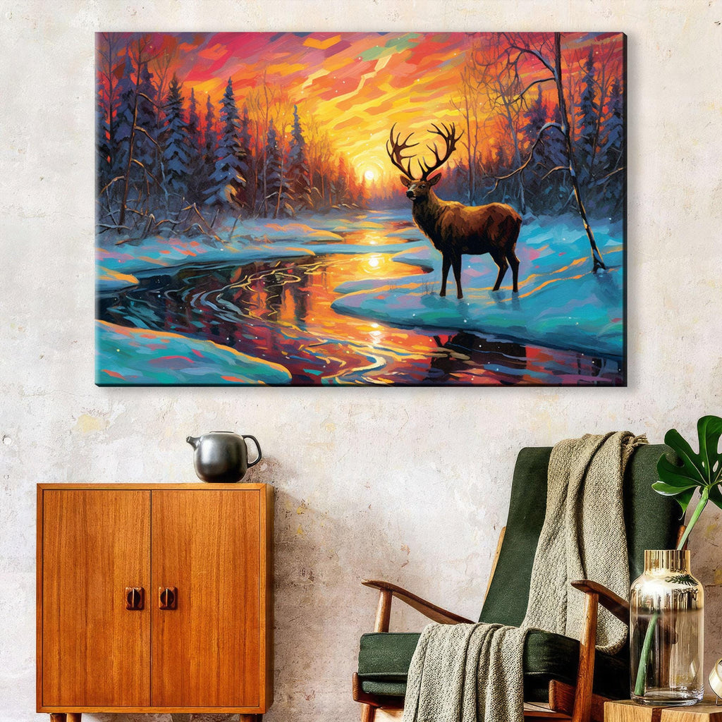 Winter Deer Sunset Art – Vibrant Snowy River Painting on Gallery Wrapped Canvas