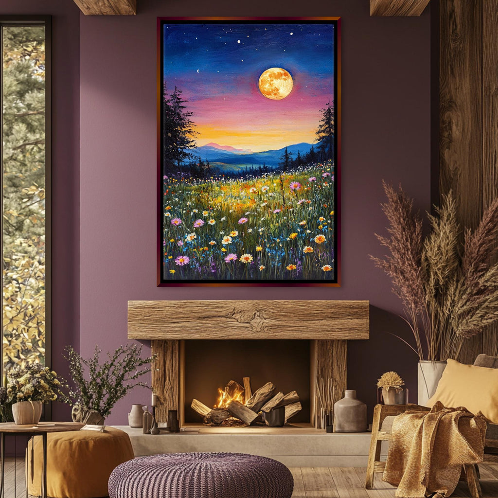 a living room with a fire place and a painting on the wall