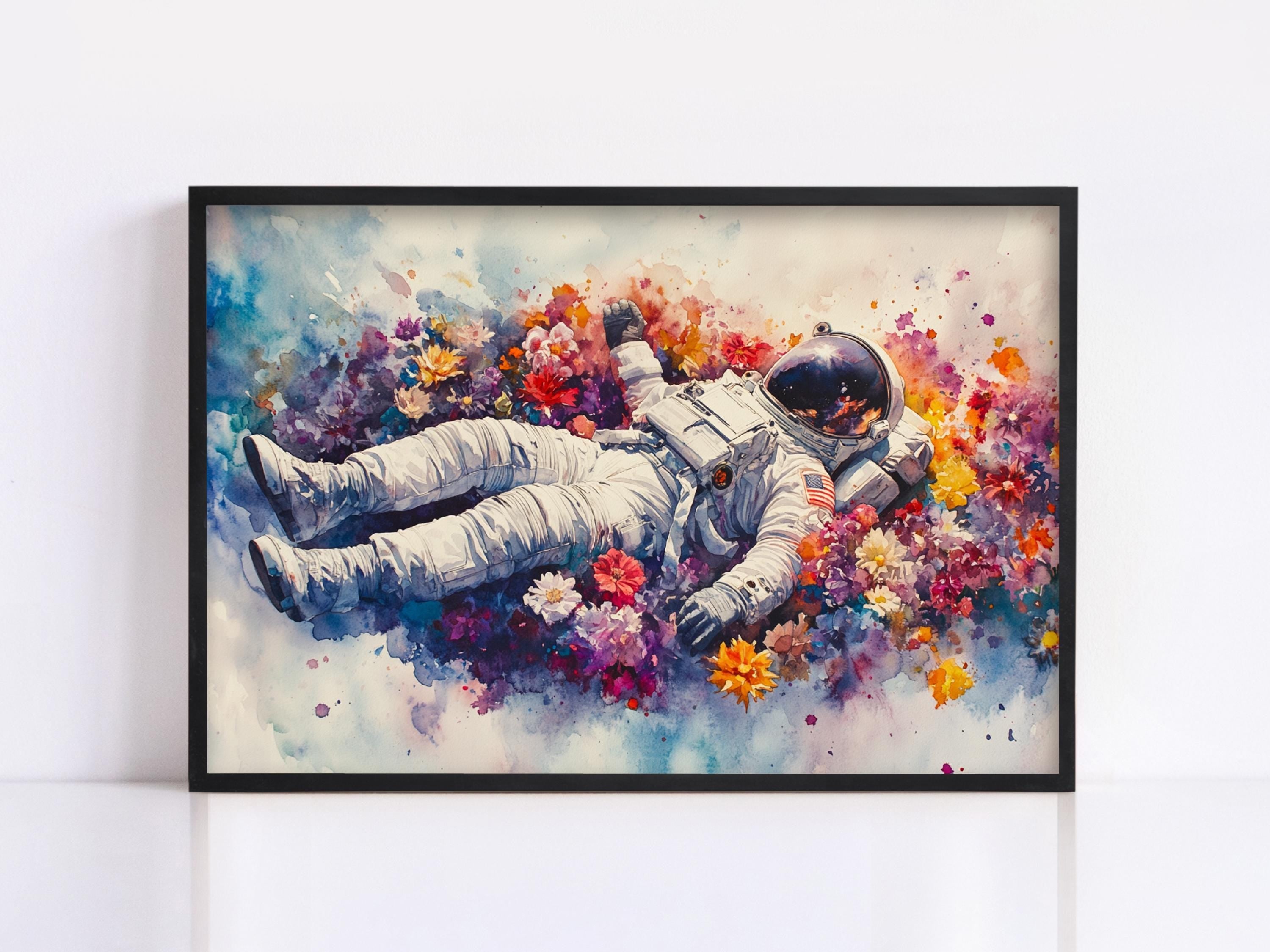 an astronaut floating in a colorful, flower-filled space, surrounded by a vibrant array of flowers.
